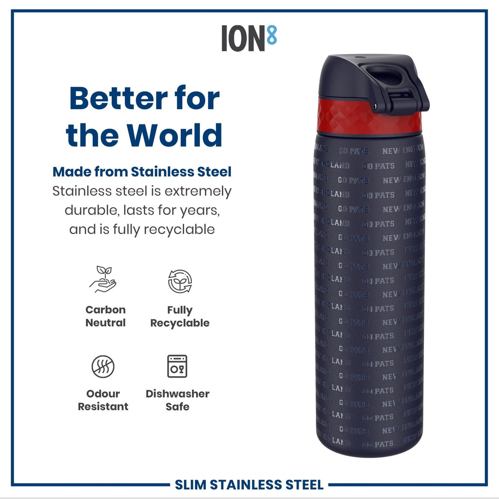ION8 stainless steel NFL water bottle featuring New England Patriots logo, leak-proof design, 600ml capacity, durable sport water bottle