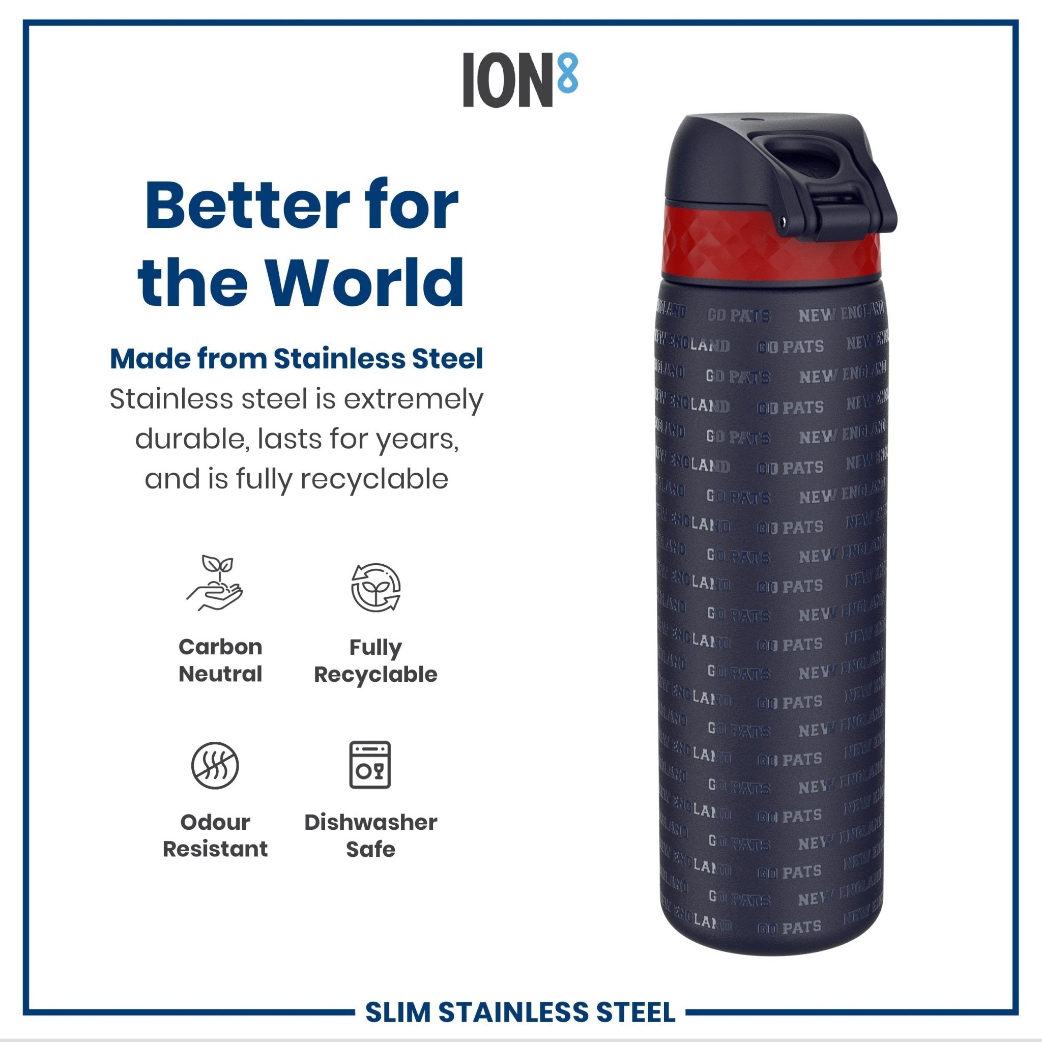 ION8 stainless steel NFL water bottle featuring New England Patriots logo, leak-proof design, 600ml capacity, durable sport water bottle