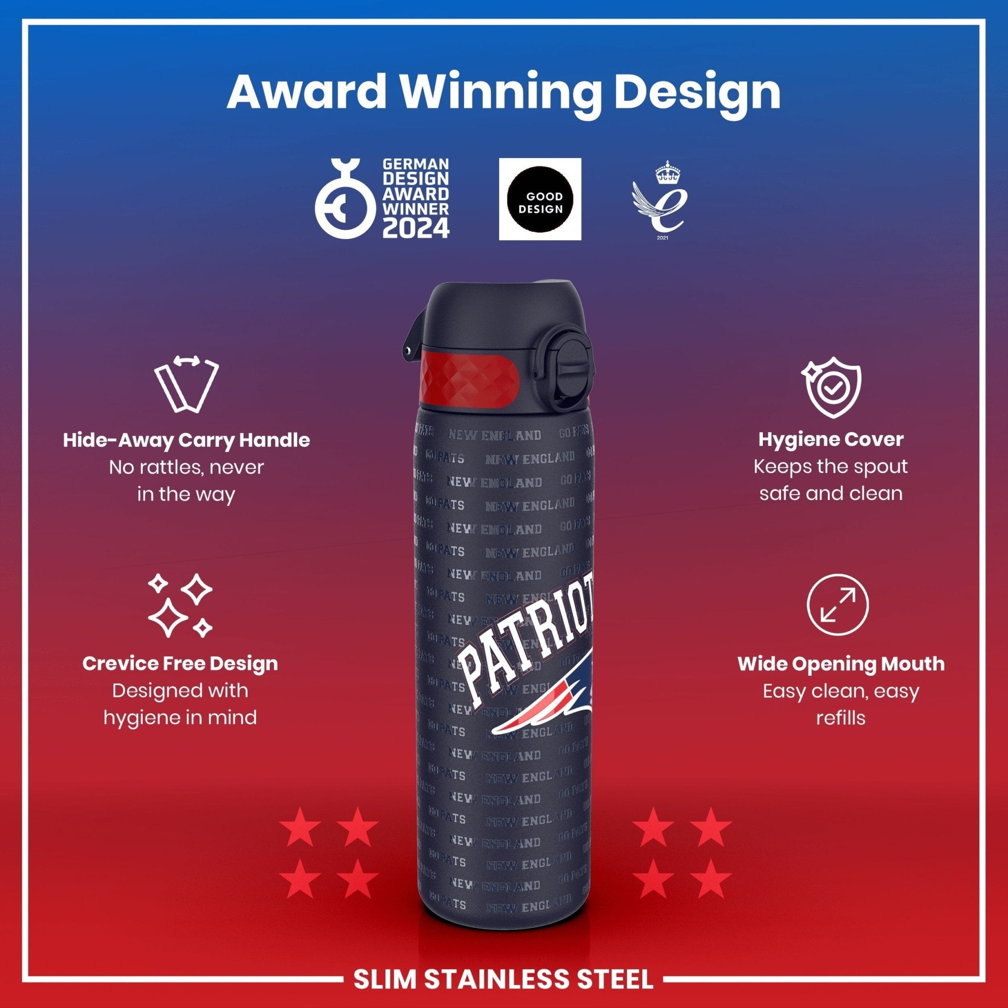 ION8 stainless steel NFL water bottle featuring New England Patriots logo, leak-proof design, 600ml capacity, 20oz sports bottle.