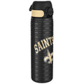 ION8 stainless steel NFL water bottle featuring New Orleans Saints logo, leak-proof design, 600ml capacity, eco-friendly and durable.