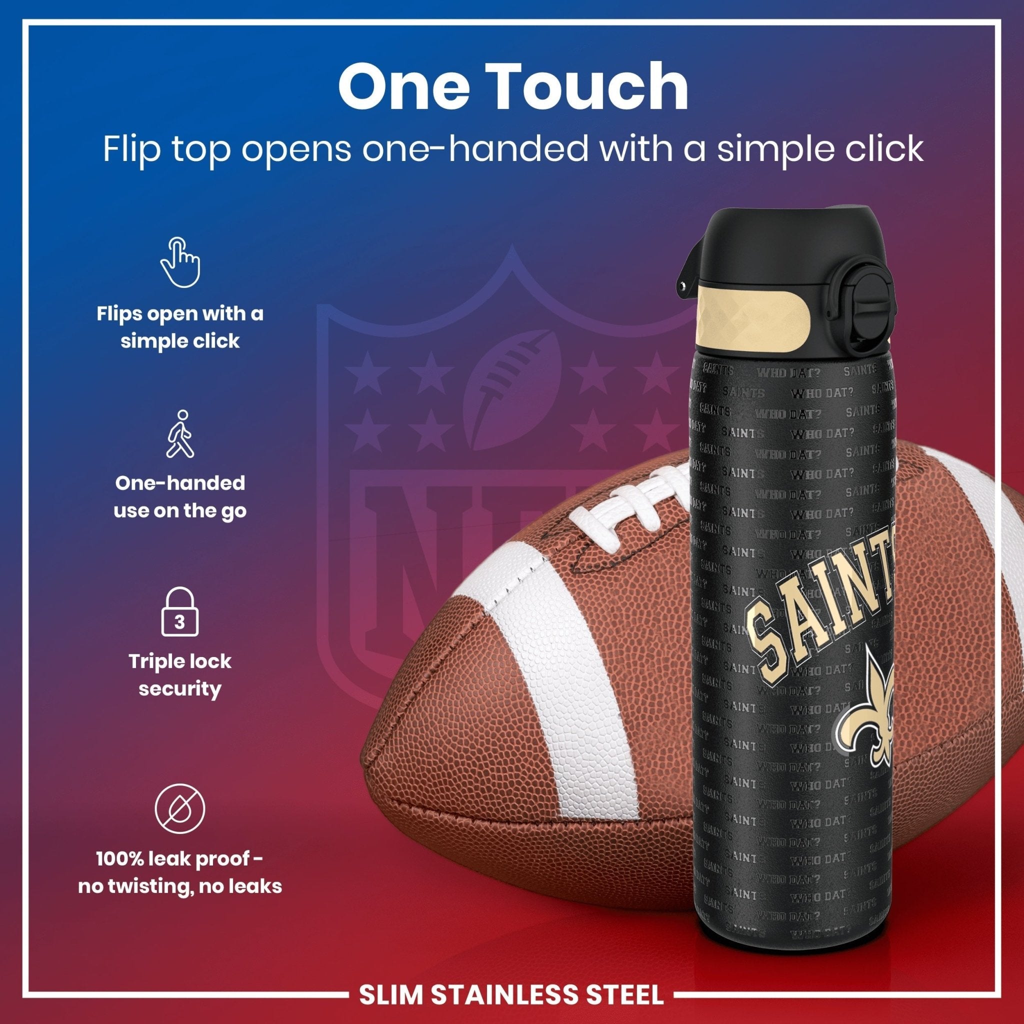 ION8 stainless steel NFL water bottle featuring New Orleans Saints logo, 600ml (20oz) leak-proof design, durable and stylish.