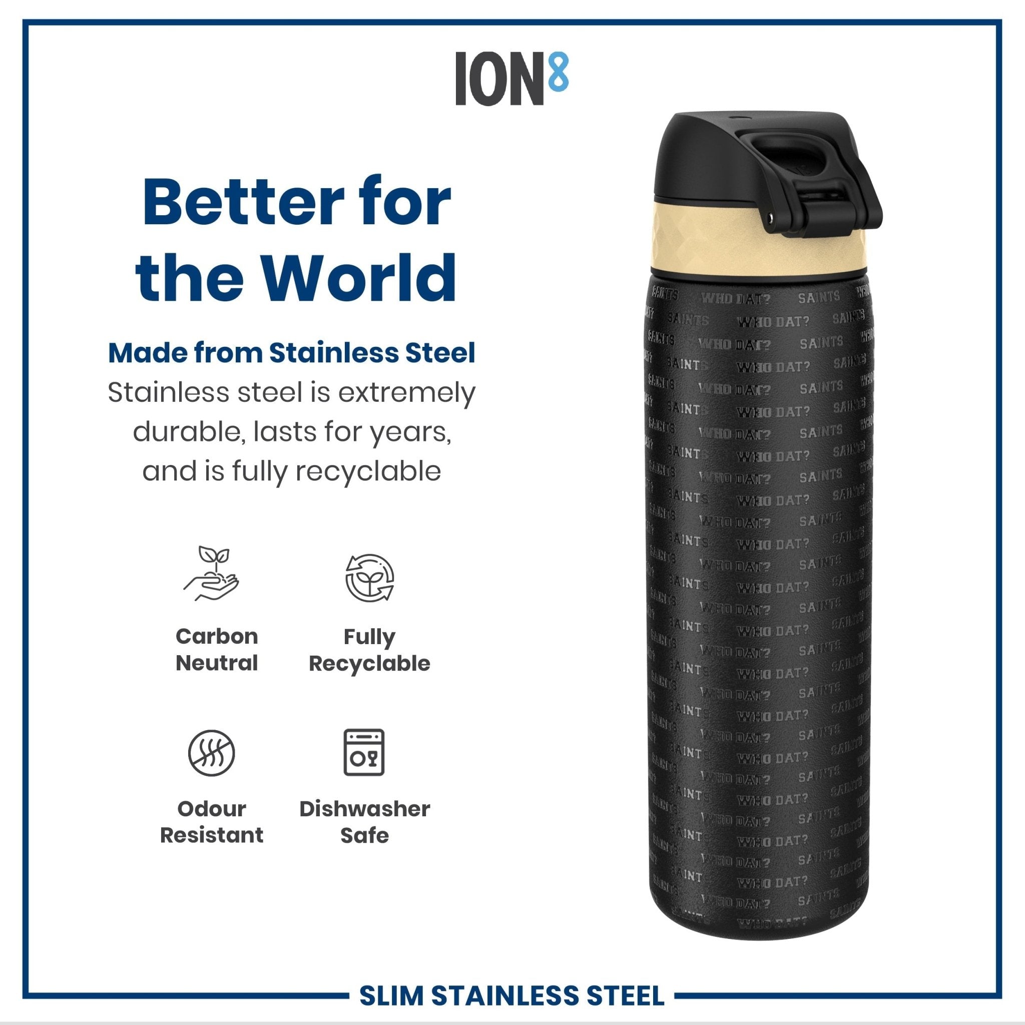 ION8 stainless steel NFL water bottle featuring New Orleans Saints logo, leak-proof design, 600ml capacity, 20oz sports water bottle