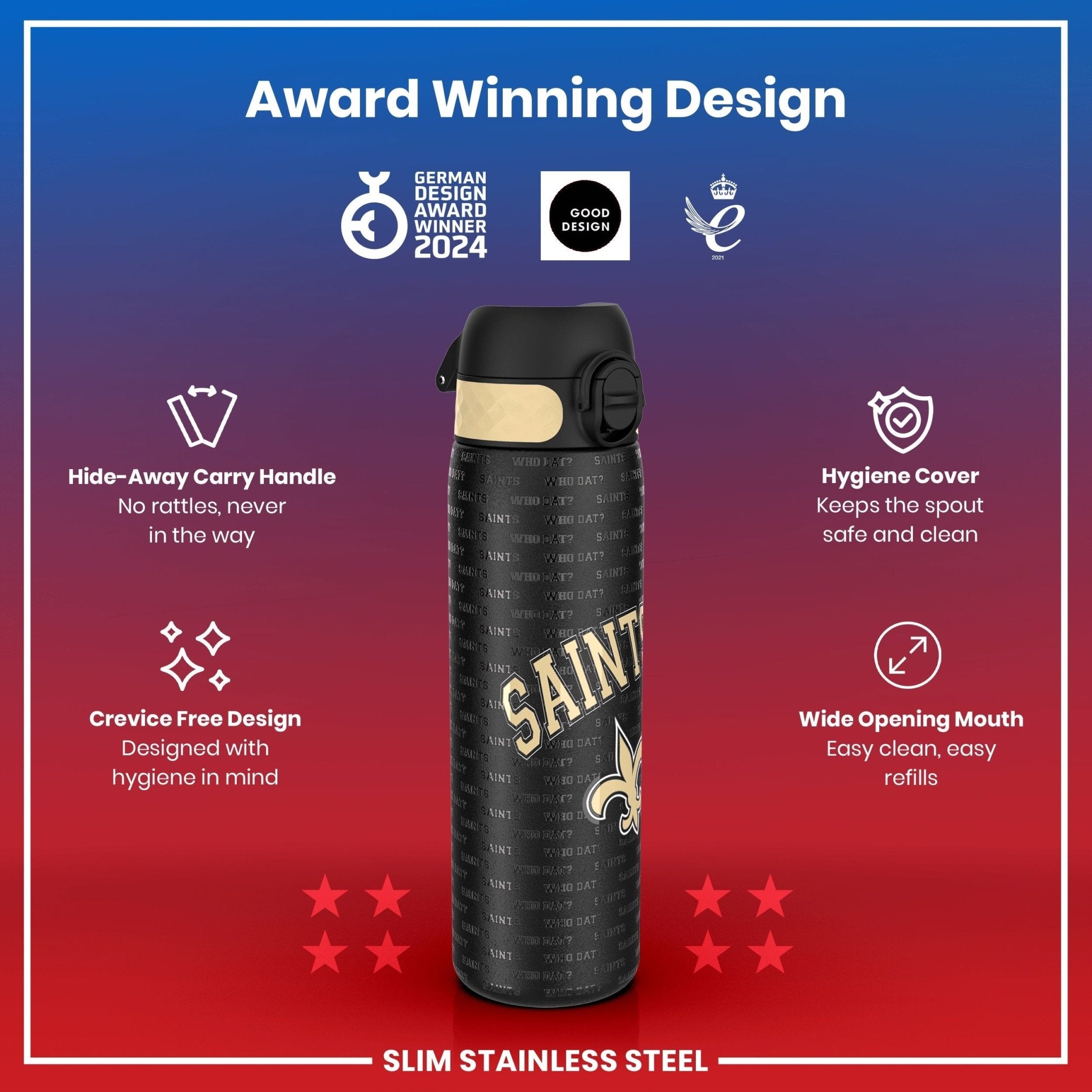 ION8 leak-proof NFL water bottle featuring New Orleans Saints logo, stainless steel, 600ml capacity, 20oz sports water bottle.