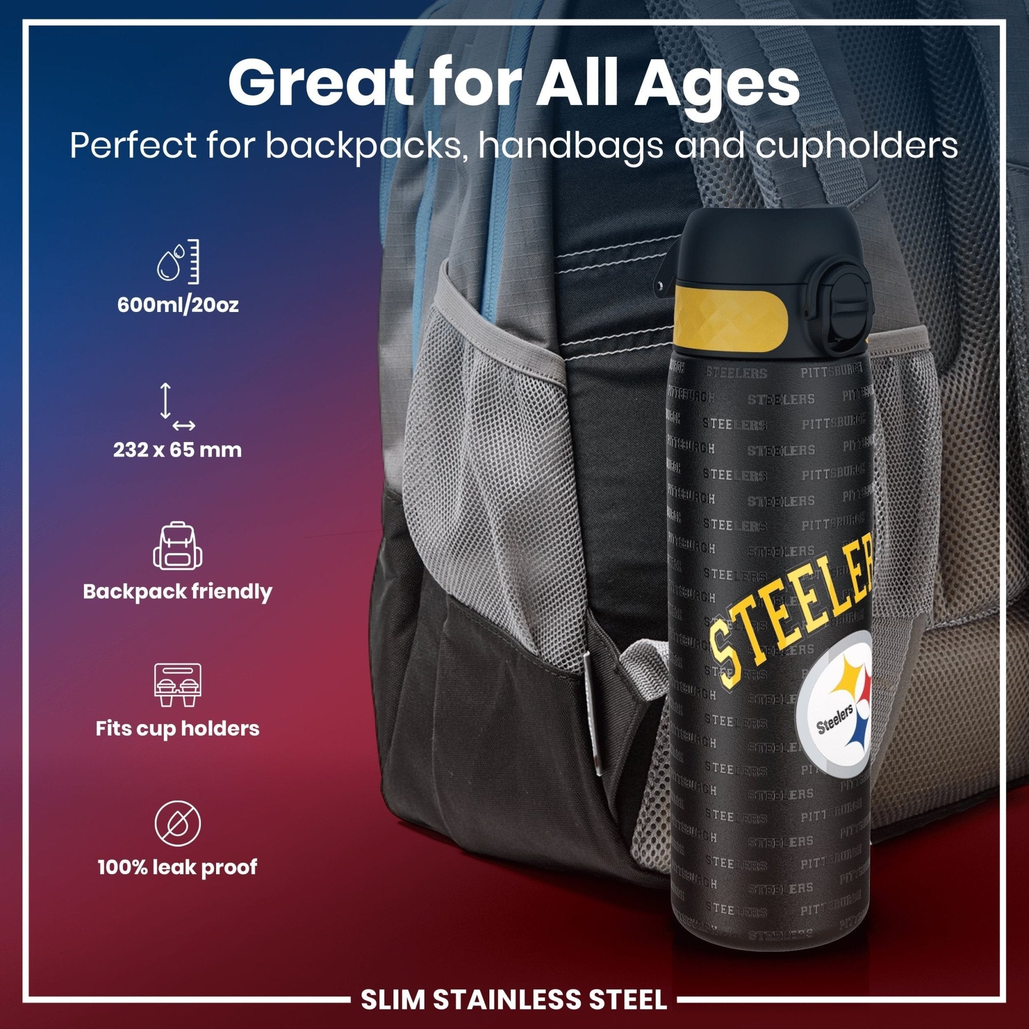 Stainless steel NFL water bottle featuring Pittsburgh Steelers logo, 600ml capacity, leak-proof design by ION8