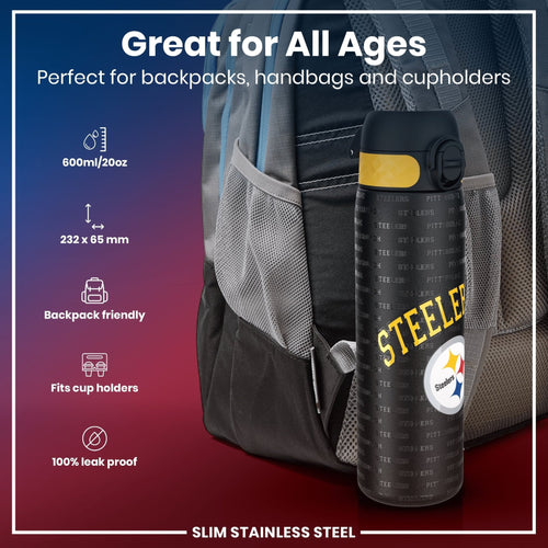 Stainless steel NFL water bottle featuring Pittsburgh Steelers logo, 600ml capacity, leak-proof design by ION8