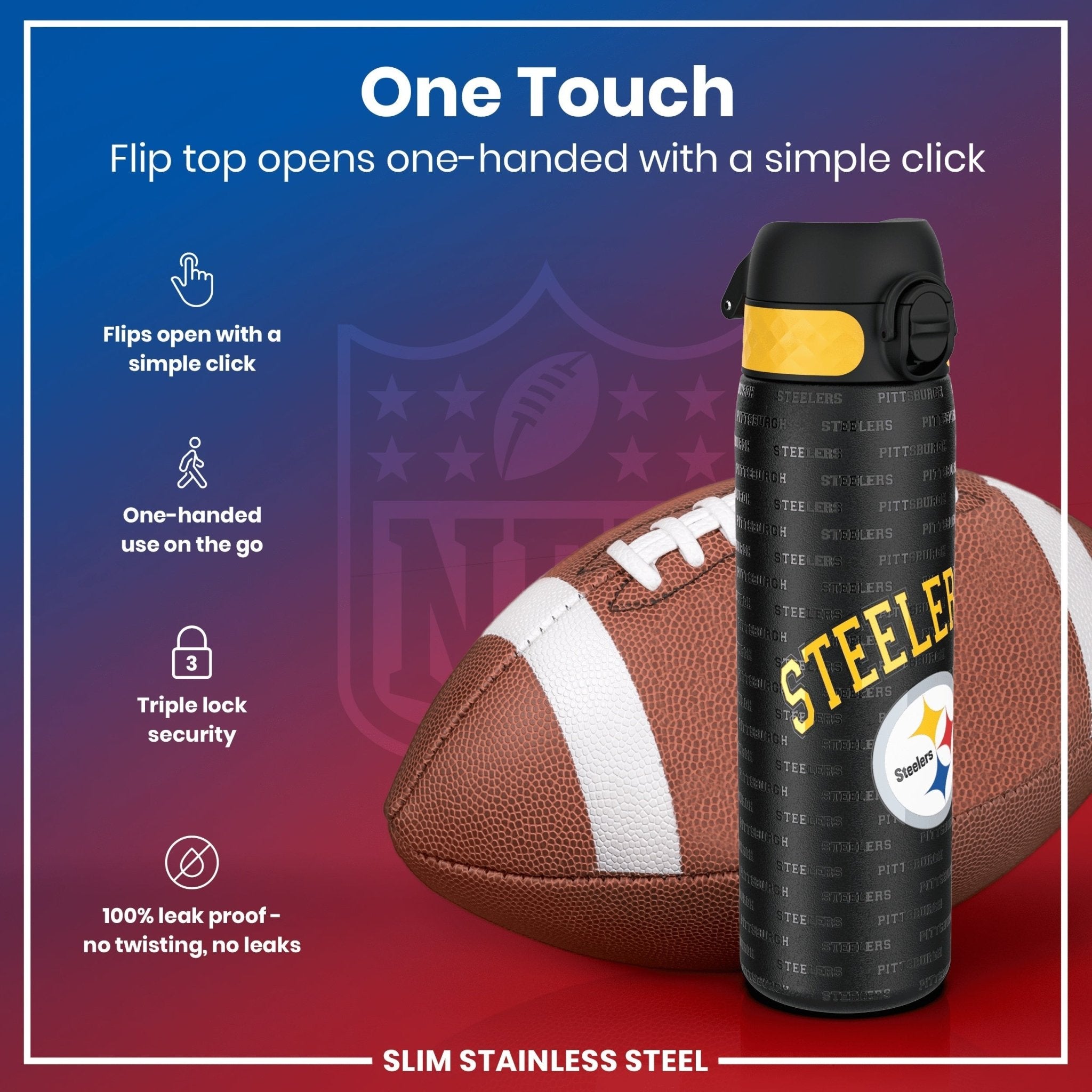 ION8 stainless steel NFL water bottle featuring Pittsburgh Steelers logo, leak-proof design, 600ml (20oz) capacity.