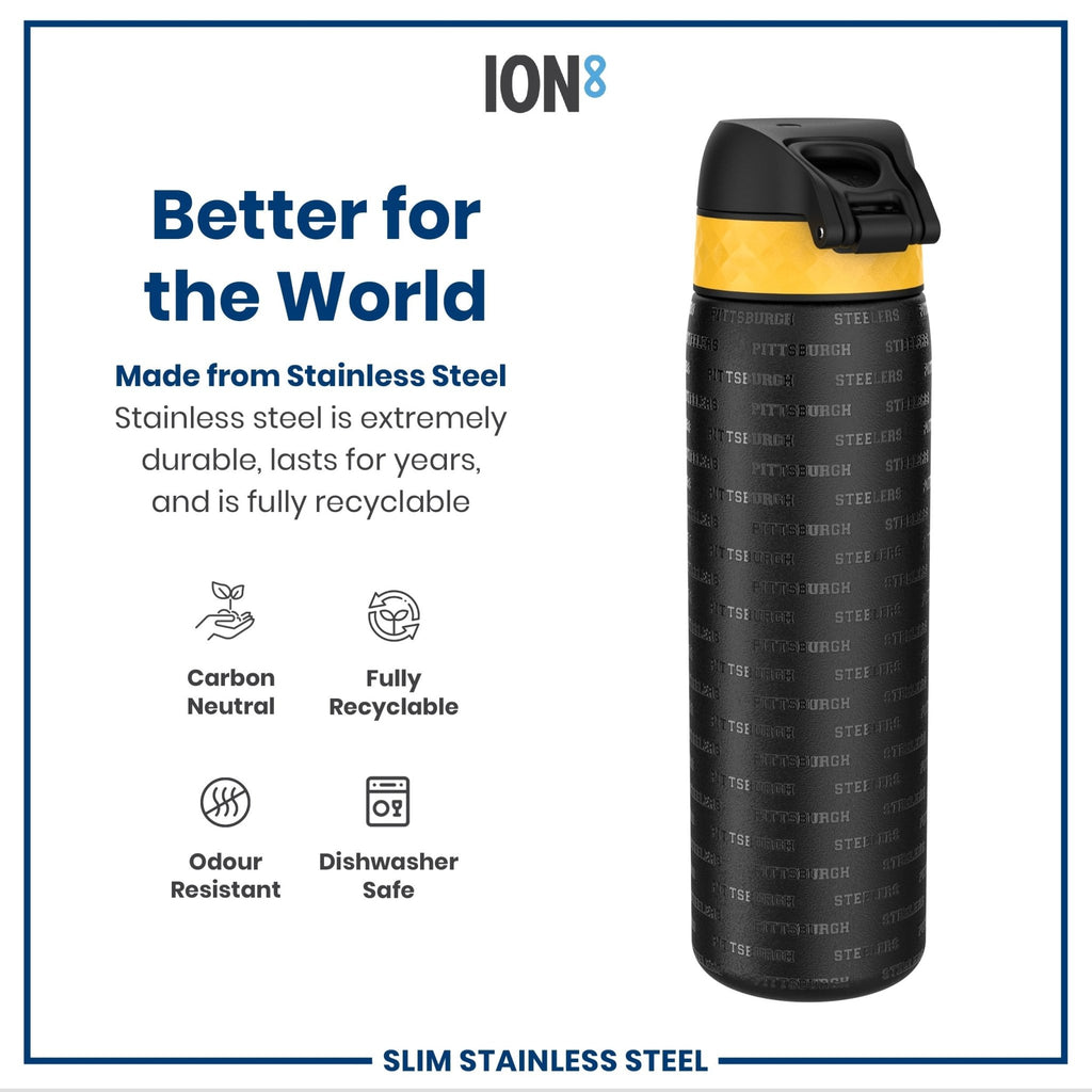 Steel water bottle featuring Pittsburgh Steelers logo, leak-proof design, 600ml capacity by ION8, stainless steel construction.