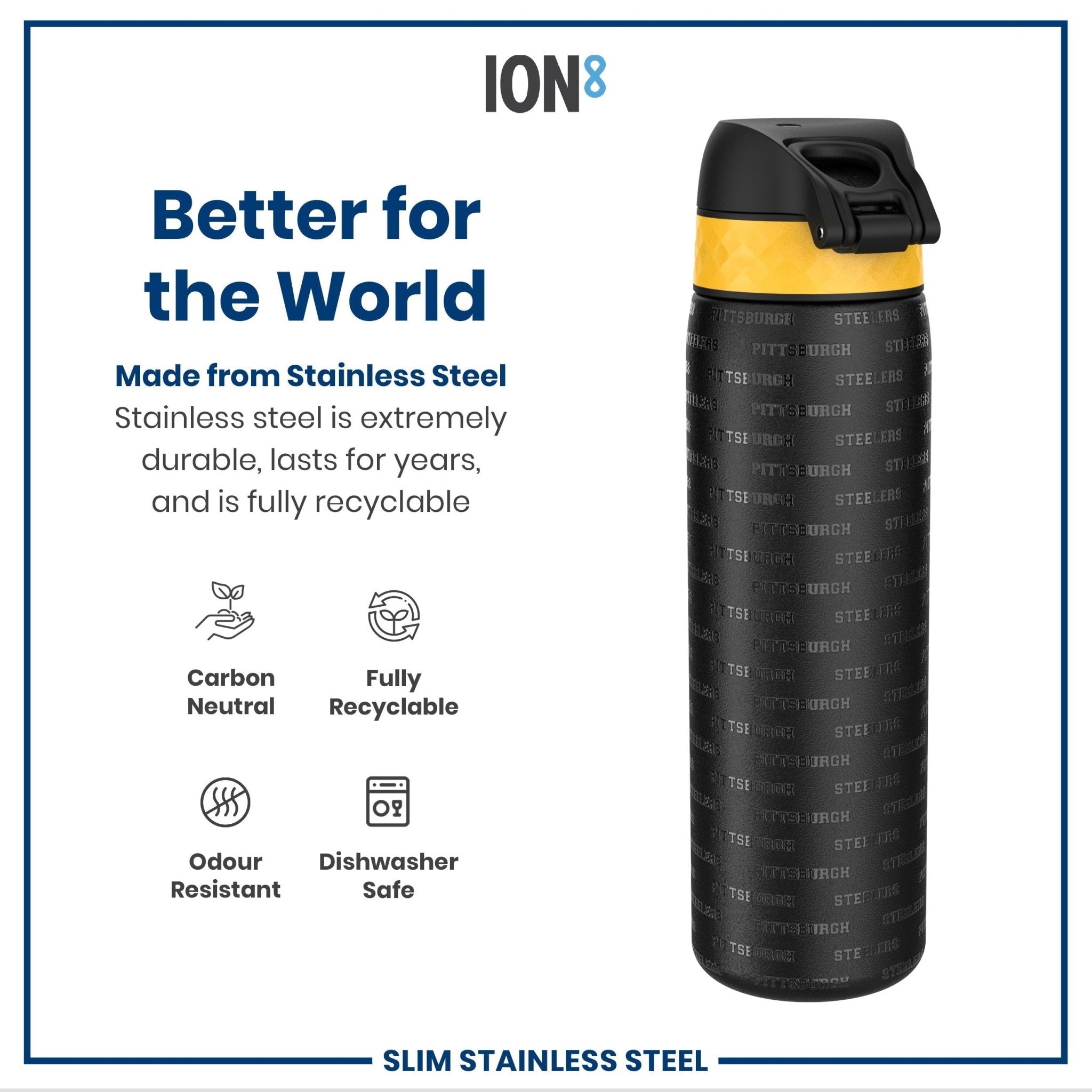 Steel water bottle featuring Pittsburgh Steelers logo, leak-proof design, 600ml capacity by ION8, stainless steel construction.