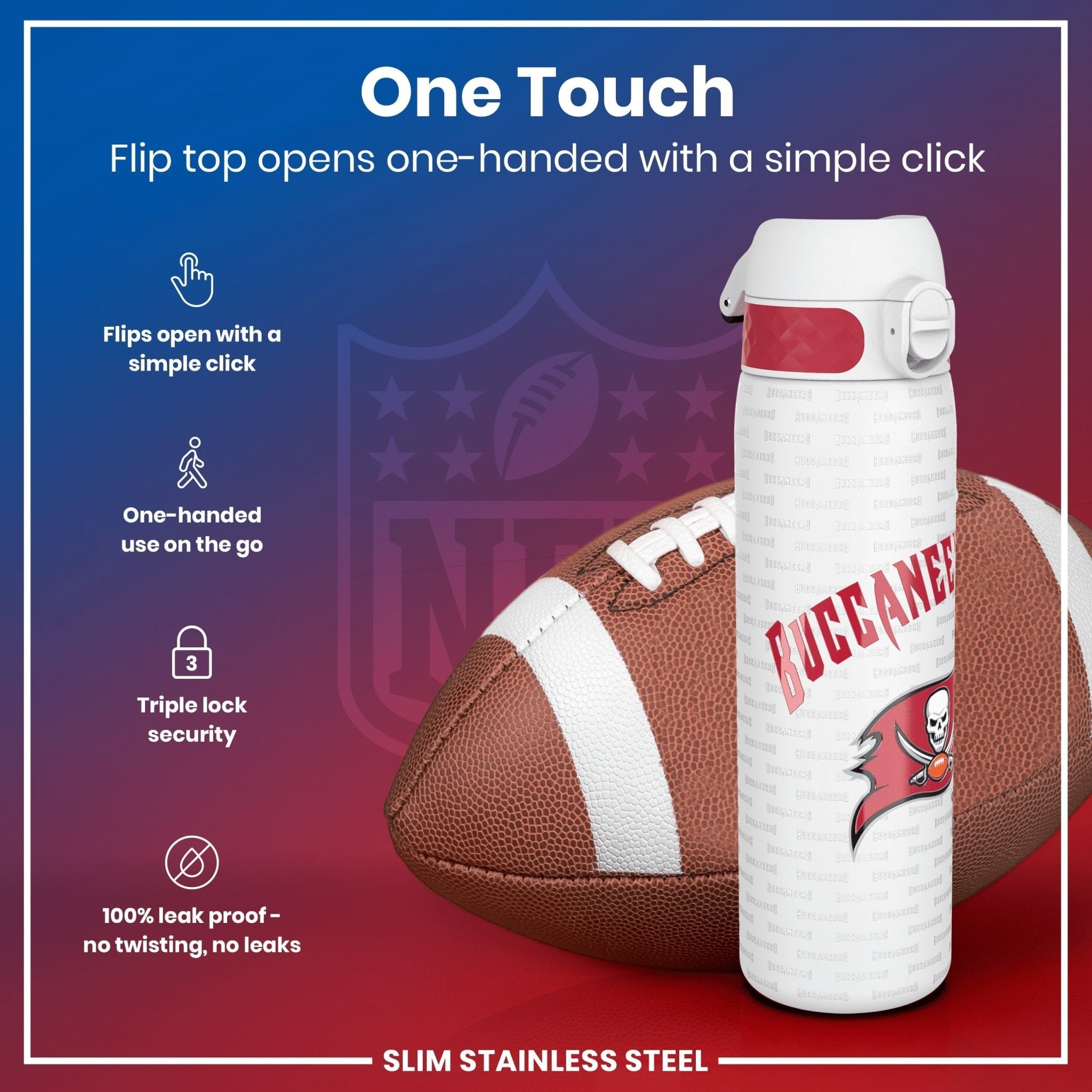 ION8 stainless steel NFL water bottle featuring Arizona Cardinals logo, leak-proof design, 600ml capacity, 20oz sports water bottle