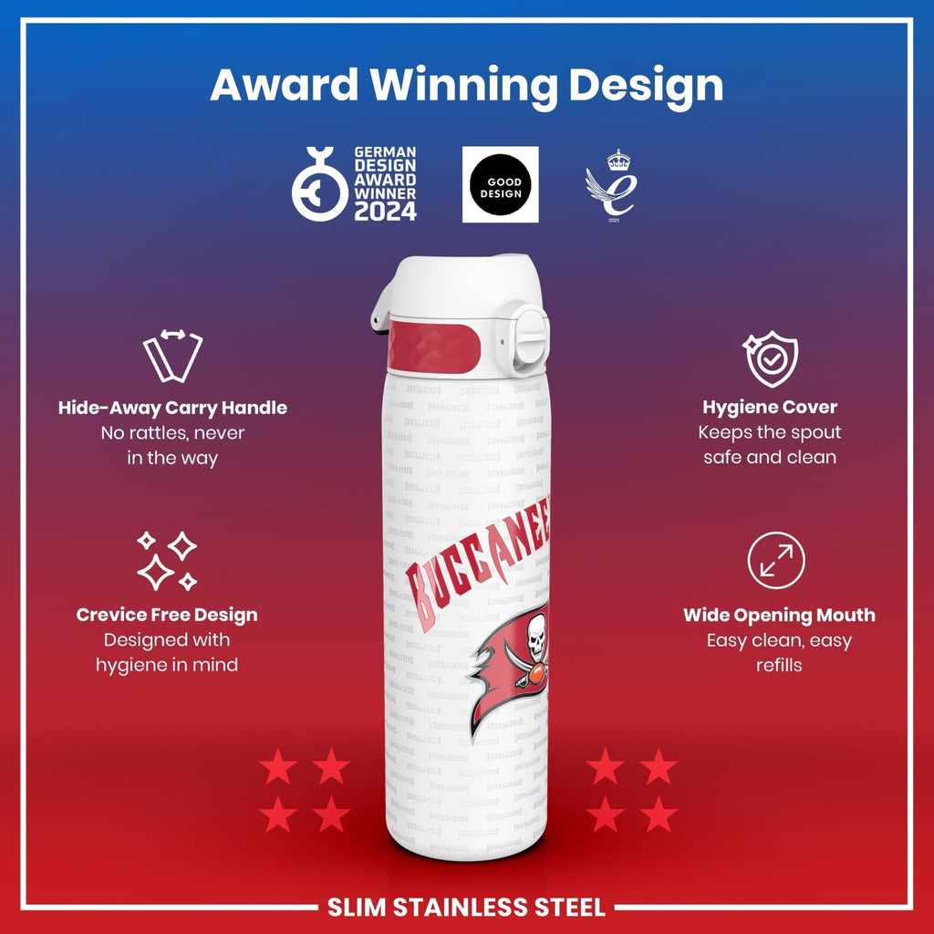 ION8 stainless steel NFL water bottle featuring Arizona Cardinals logo, leak-proof design, 600ml capacity, 20oz sports bottle.