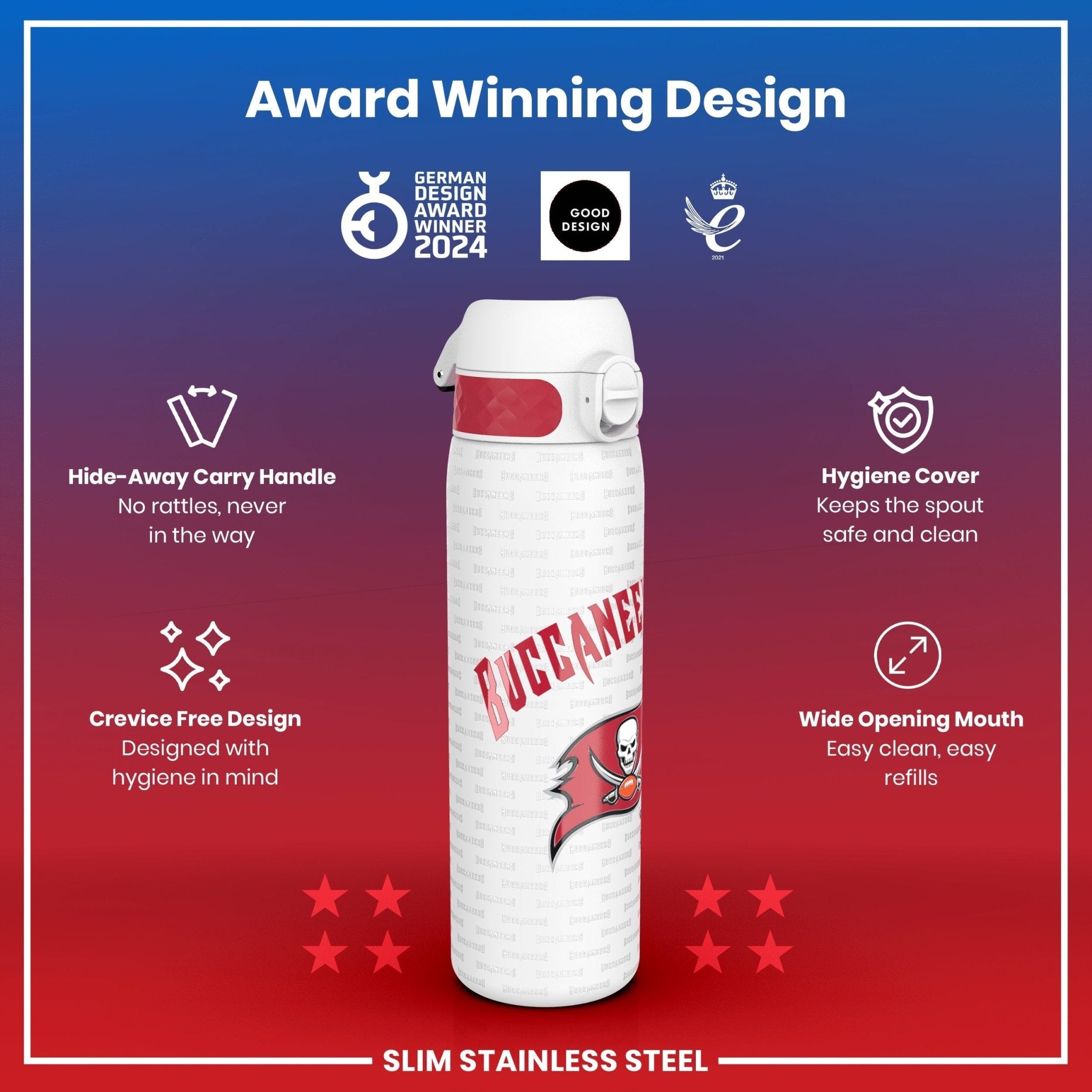 ION8 stainless steel NFL water bottle featuring Arizona Cardinals logo, leak-proof design, 600ml capacity, 20oz sports bottle.