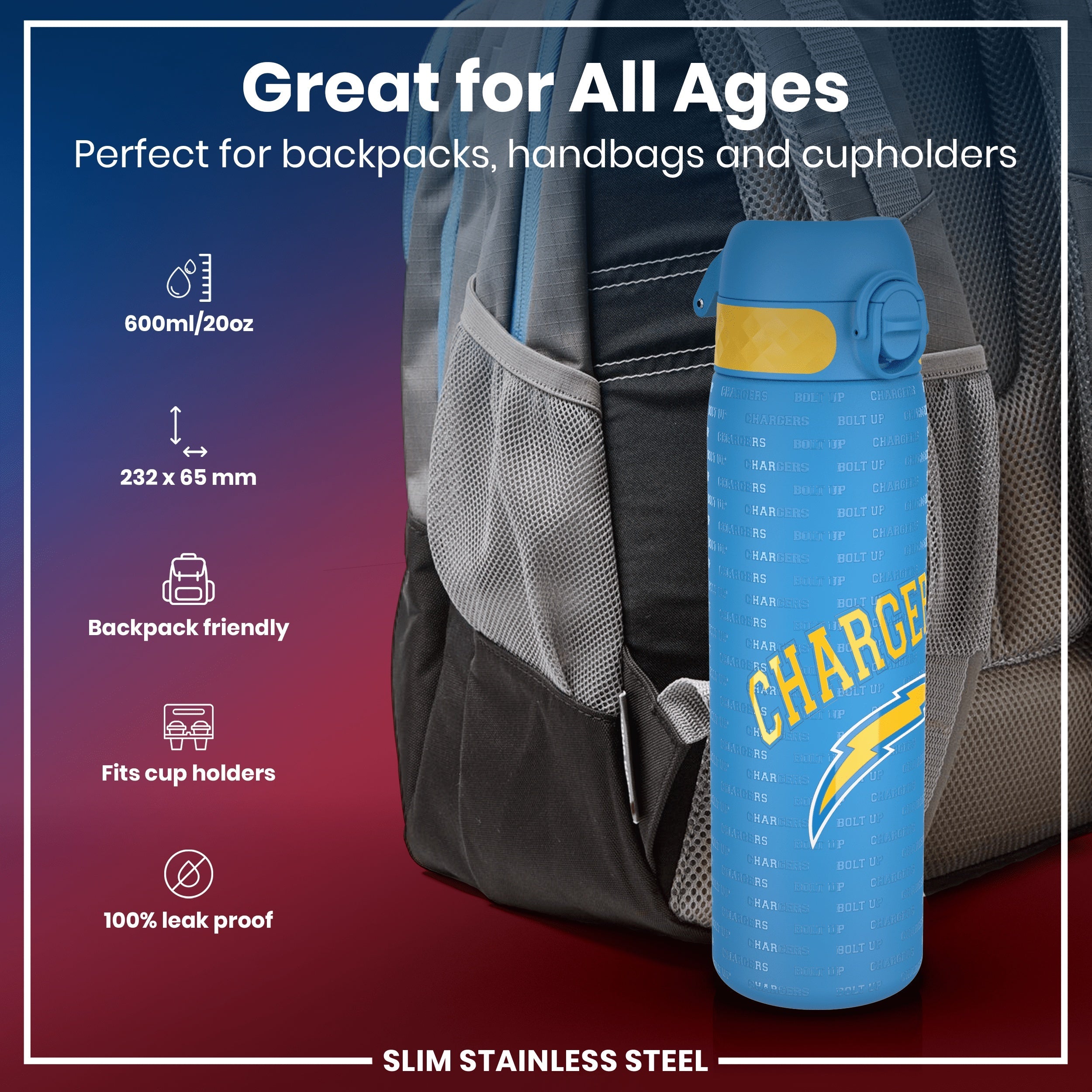 Bouteille d'eau NFL étanche, Acier inoxydable, Los Angeles Chargers, 600ml (20oz)