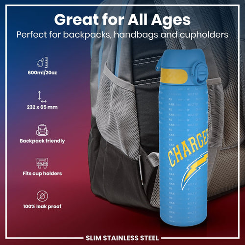 Ion8 stainless steel NFL water bottle featuring Los Angeles Chargers logo, leak-proof design, 600ml capacity, durable and portable.