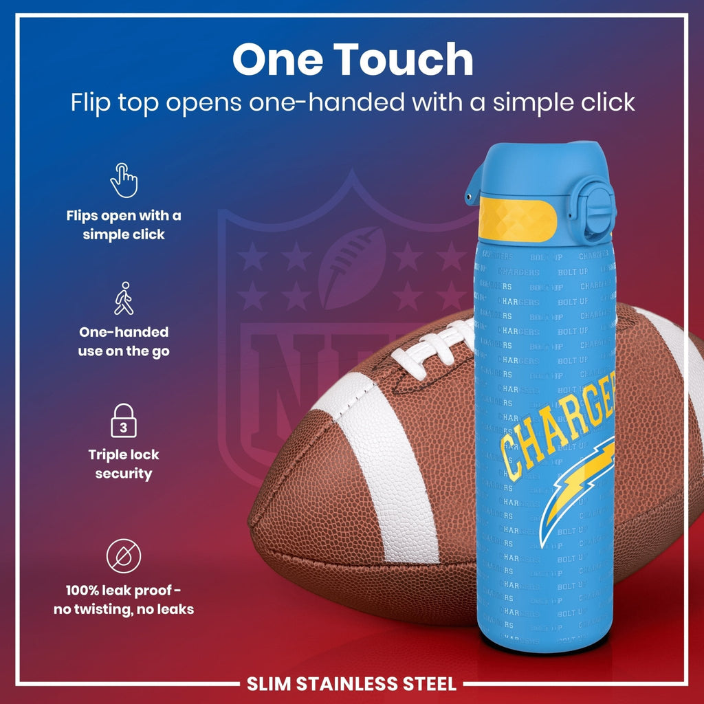 ION8 stainless steel NFL water bottle featuring Los Angeles Chargers logo, leak-proof design, 600ml capacity, 20oz.