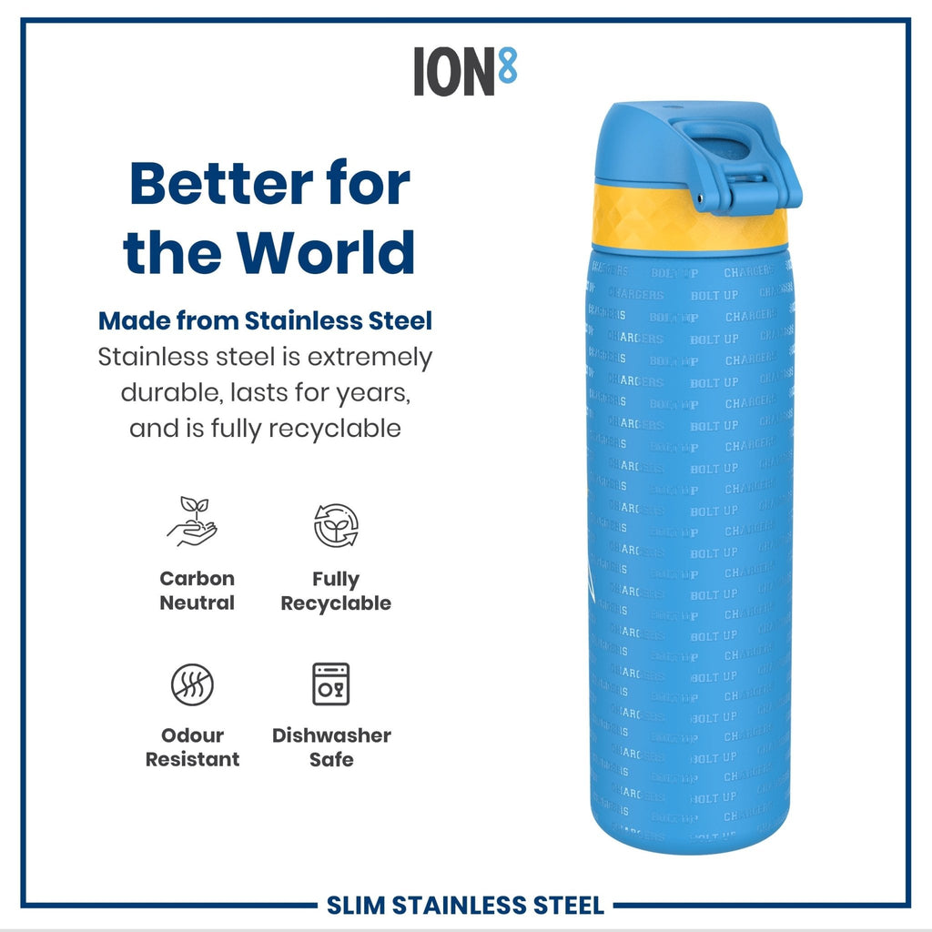 Ion8 stainless steel NFL water bottle featuring Los Angeles Chargers logo, leak-proof design, 600ml capacity, durable and portable.