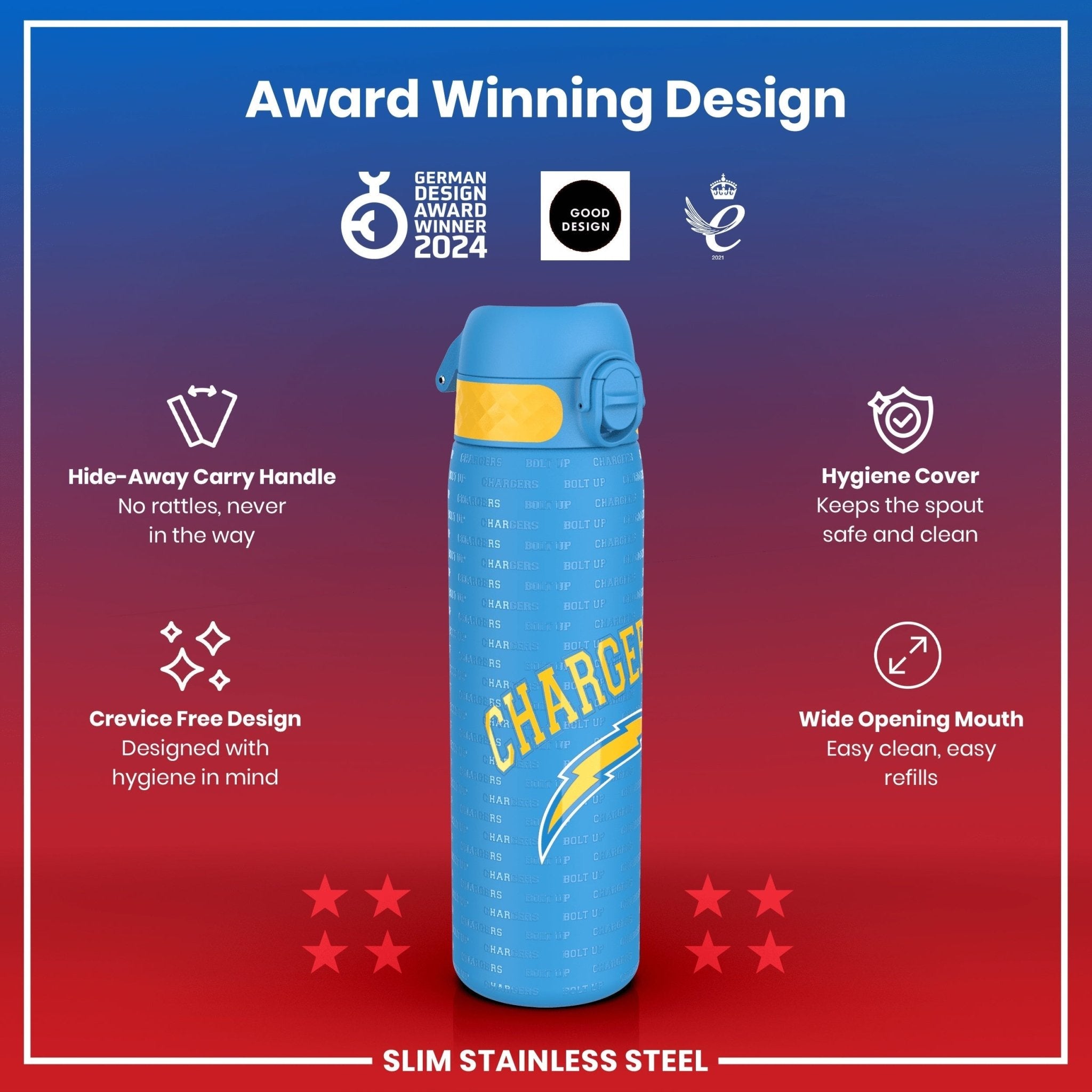Ion8 stainless steel NFL water bottle featuring Los Angeles Chargers logo, leak-proof 600ml (20oz) sports water bottle.