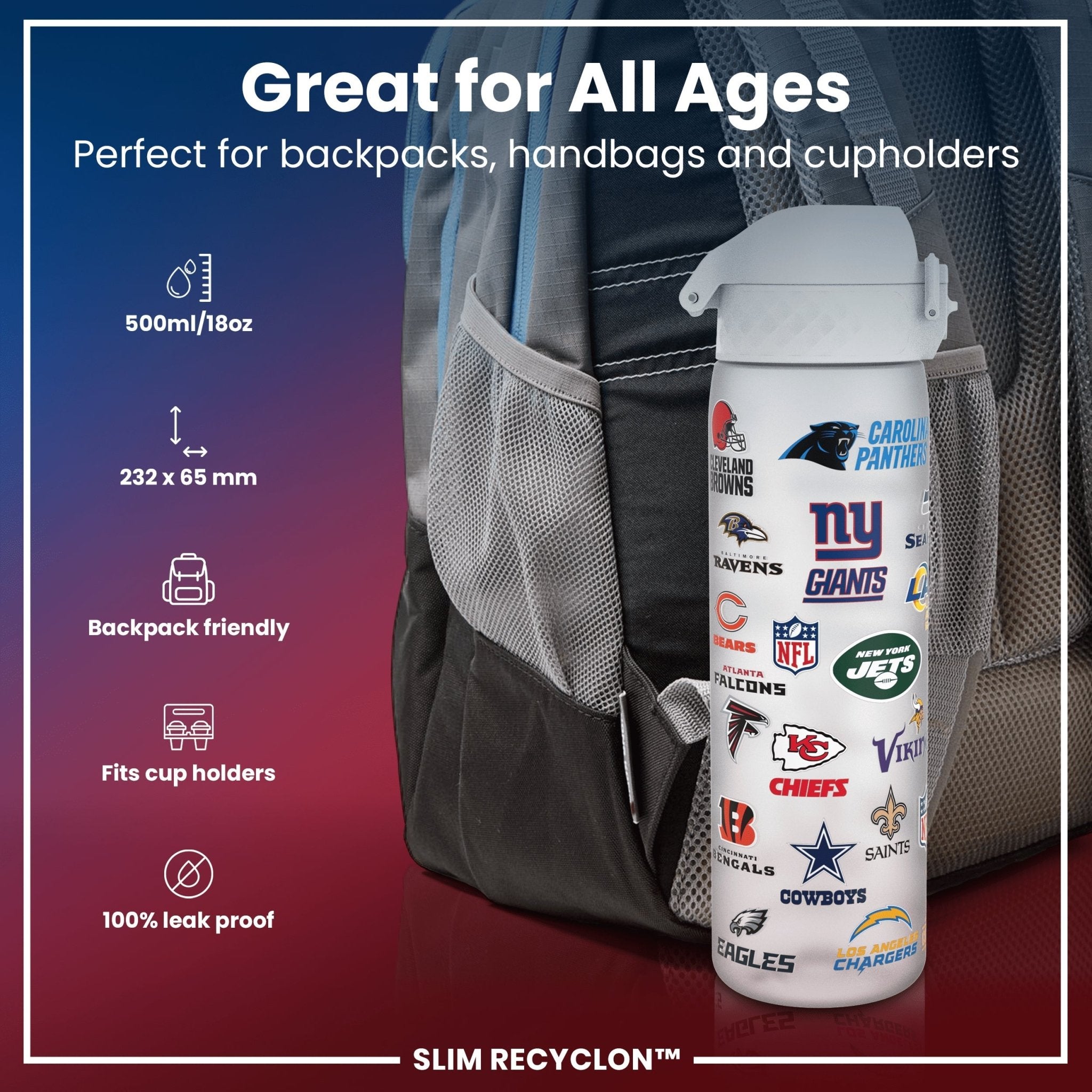 ION8 Recyclon leak-proof NFL water bottle with multiple team logos, 500ml (18oz) capacity, made for sports fans.