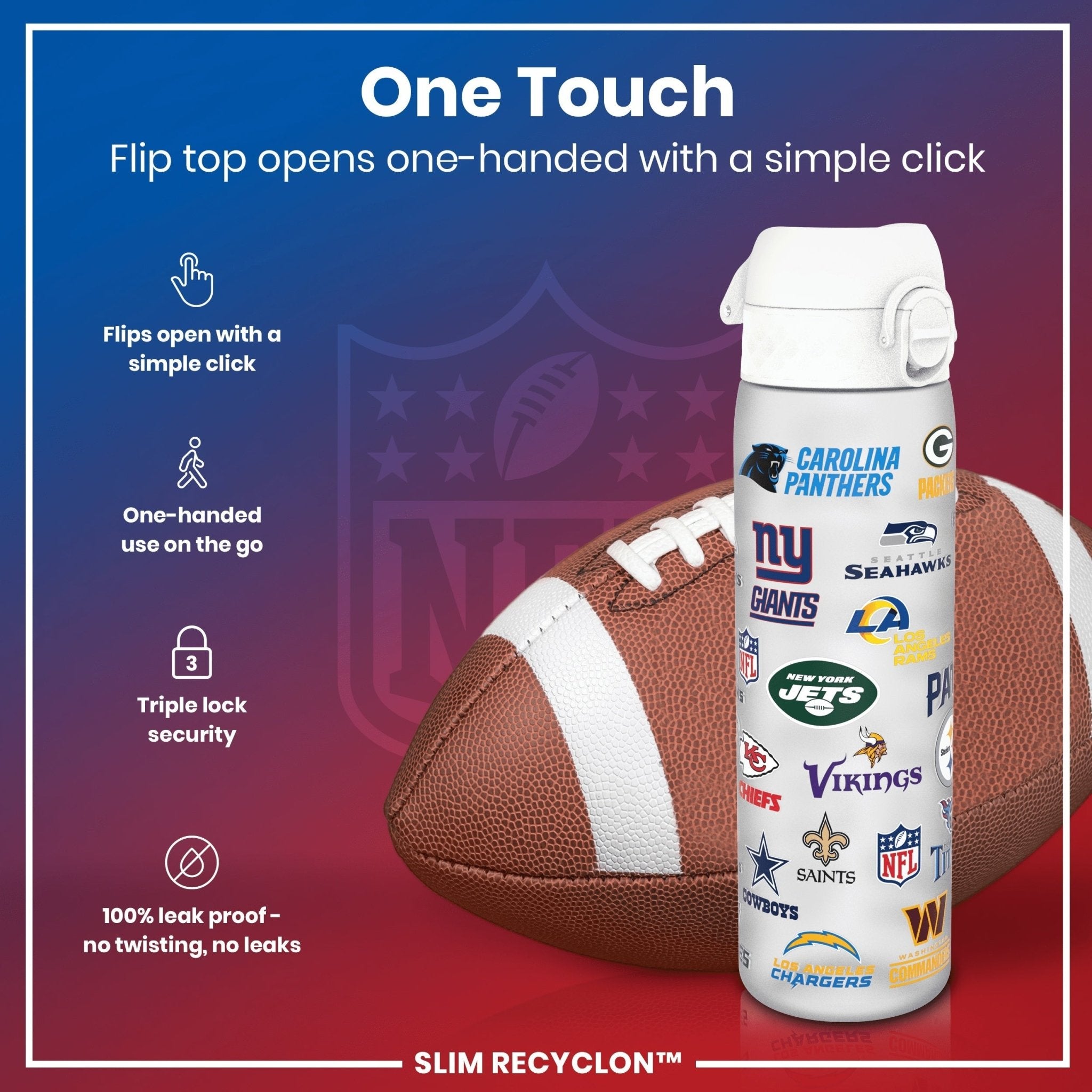 Ion8 leak-proof NFL Recyclon water bottle, 500ml (18oz), featuring team logos and durable design for sports and outdoor use.