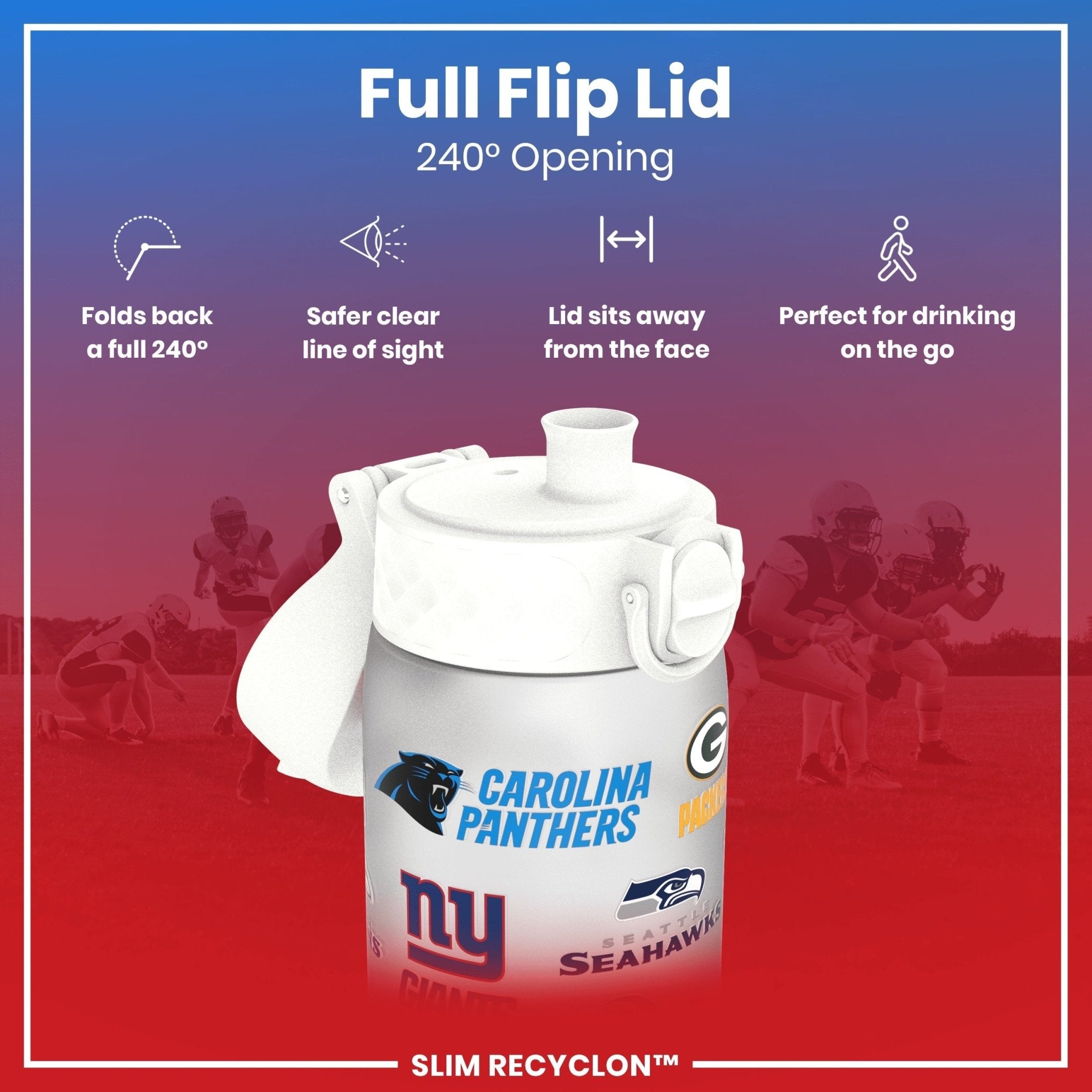 ION8 Recyclon leak-proof NFL water bottle, 500ml, featuring team logos and durable design for sports and outdoor activities.