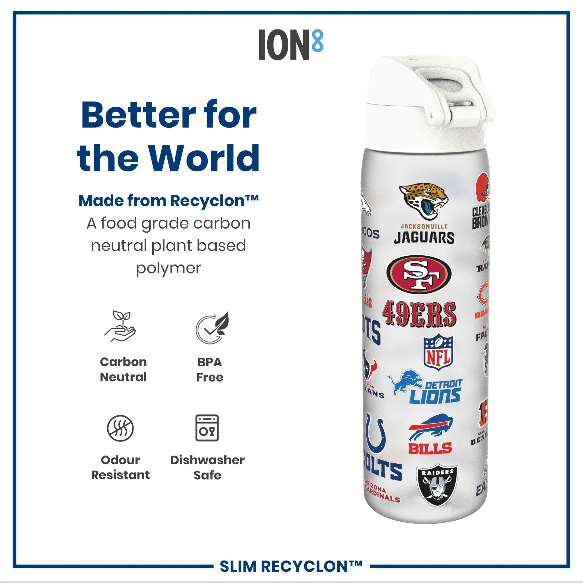 ION8 Recyclon leak-proof NFL water bottle, 18oz, featuring team logos, made of recyclable materials, with secure leak-proof design.