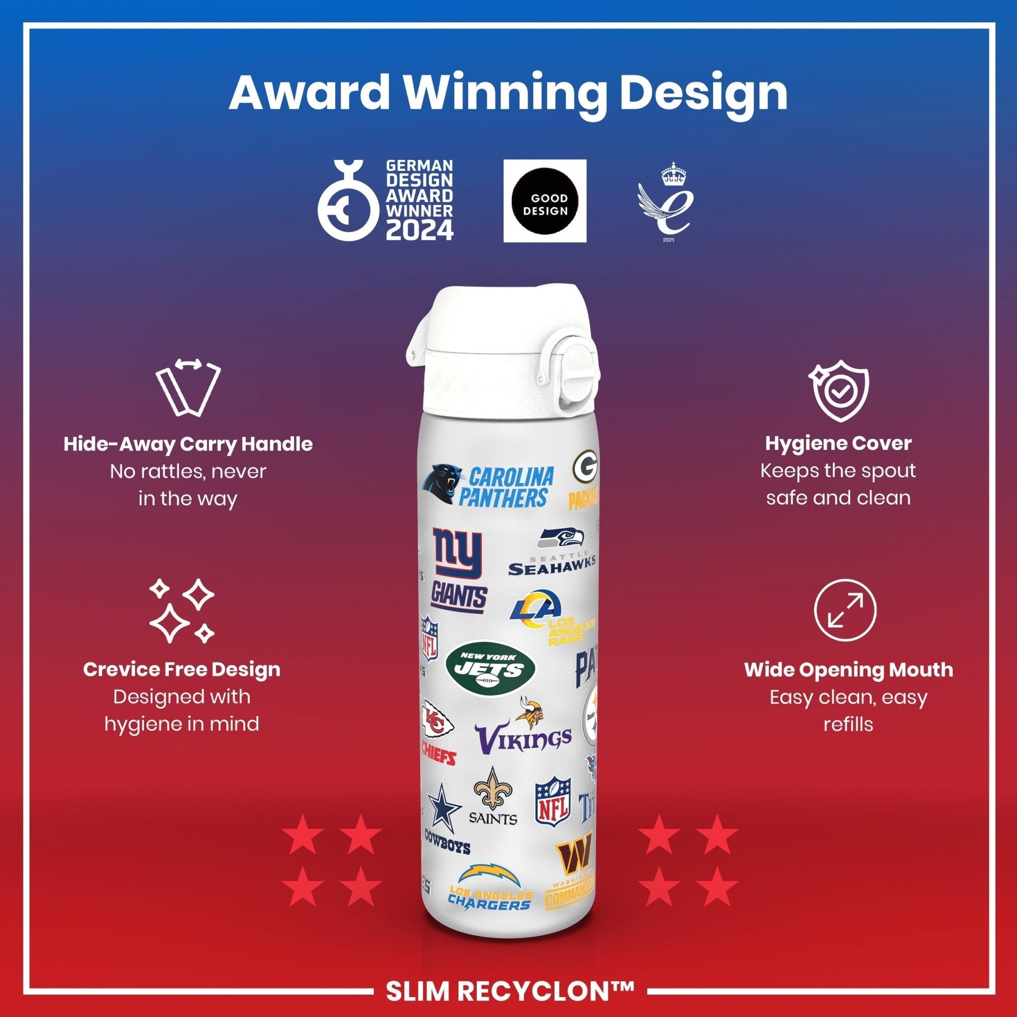 Leak-proof NFL water bottle by ION8, 500ml Recyclon water bottle featuring team logos and durable design.