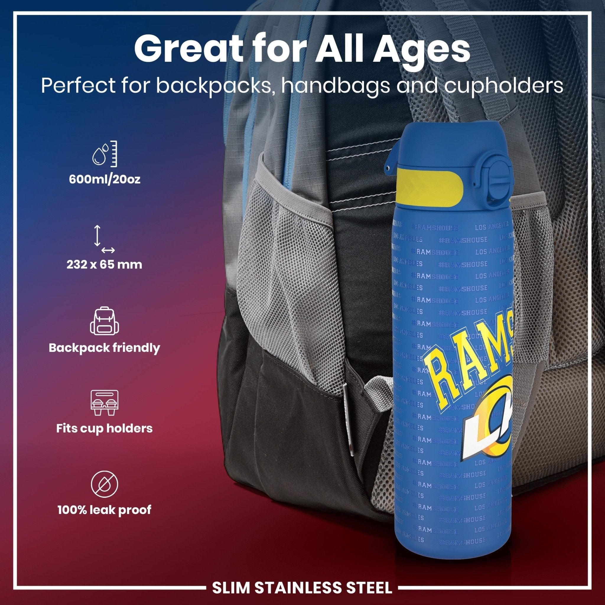 ION8 stainless steel NFL water bottle featuring Los Angeles Rams logo, leak-proof design, 600ml capacity, durable and stylish.