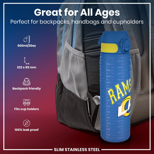 ION8 stainless steel NFL water bottle featuring Los Angeles Rams logo, leak-proof design, 600ml capacity, durable and stylish.