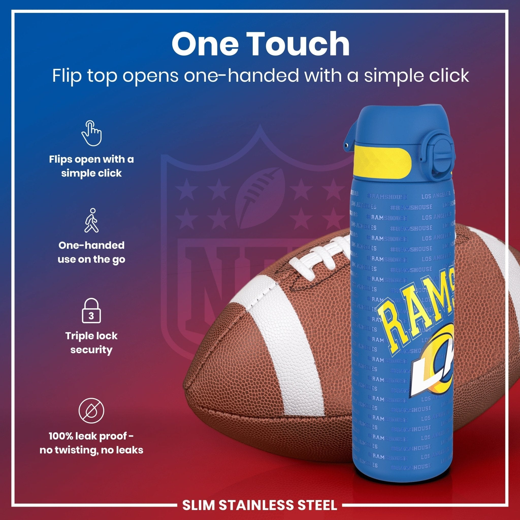 Leak-proof ION8 NFL stainless steel water bottle featuring Los Angeles Rams logo, 600ml (20oz) capacity, durable and reusable.