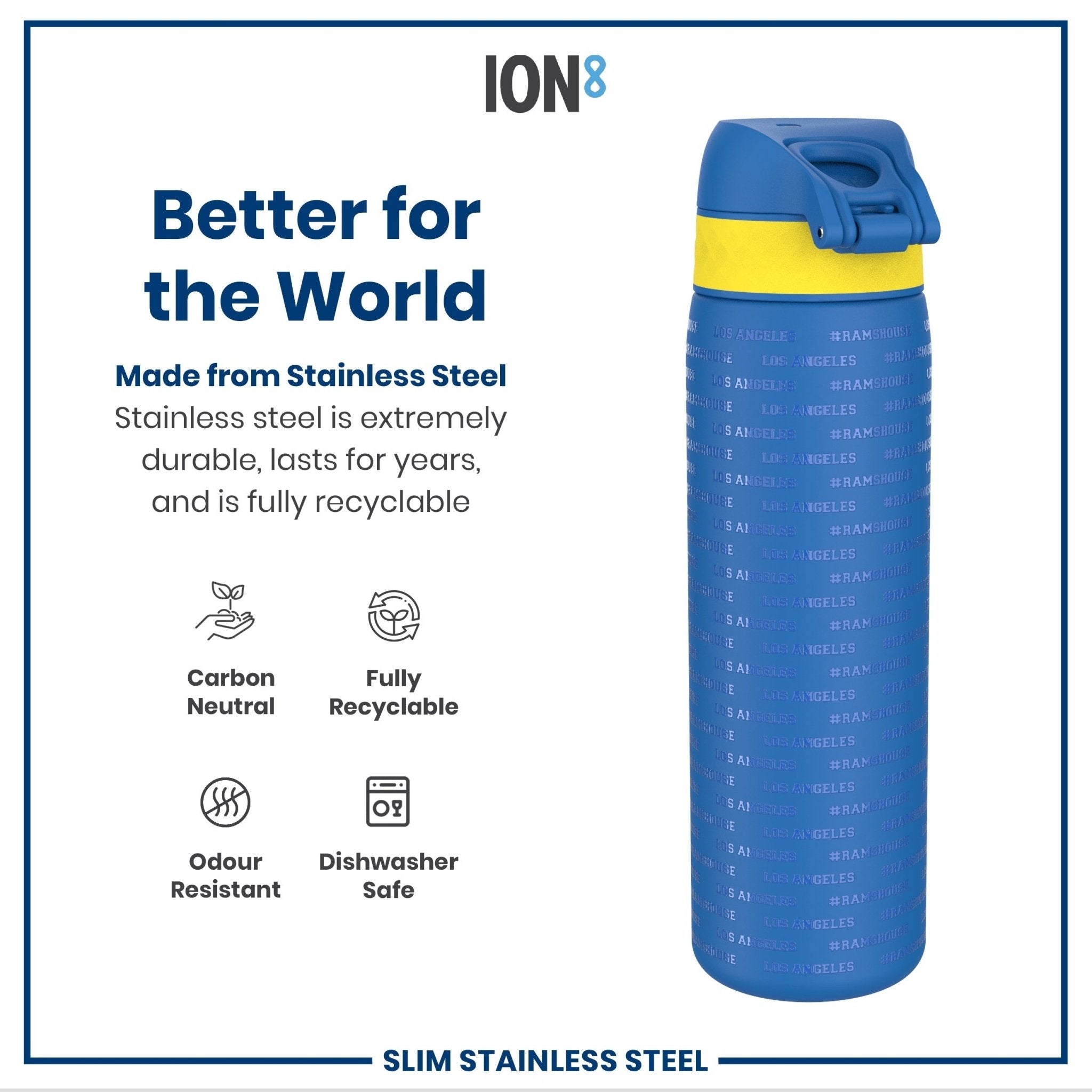 ION8 stainless steel NFL water bottle featuring Los Angeles Rams logo, leak-proof design, 600ml capacity, 20oz sports water bottle