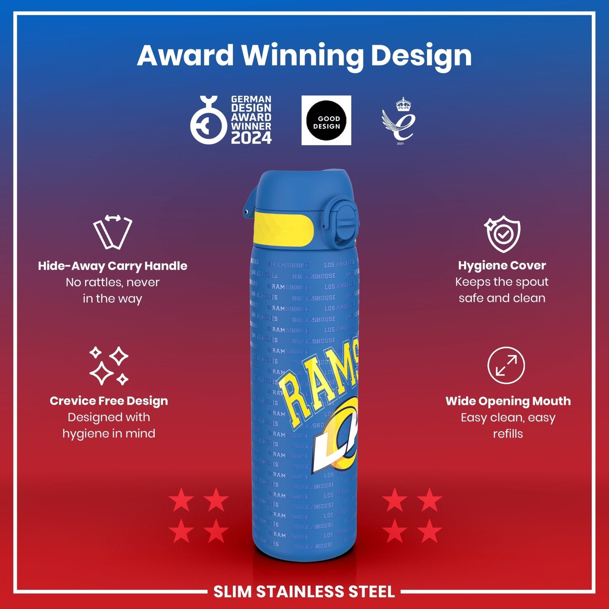 Ion8 stainless steel NFL water bottle featuring Los Angeles Rams logo, leak-proof design, 600ml capacity, ideal for sports and hydration.