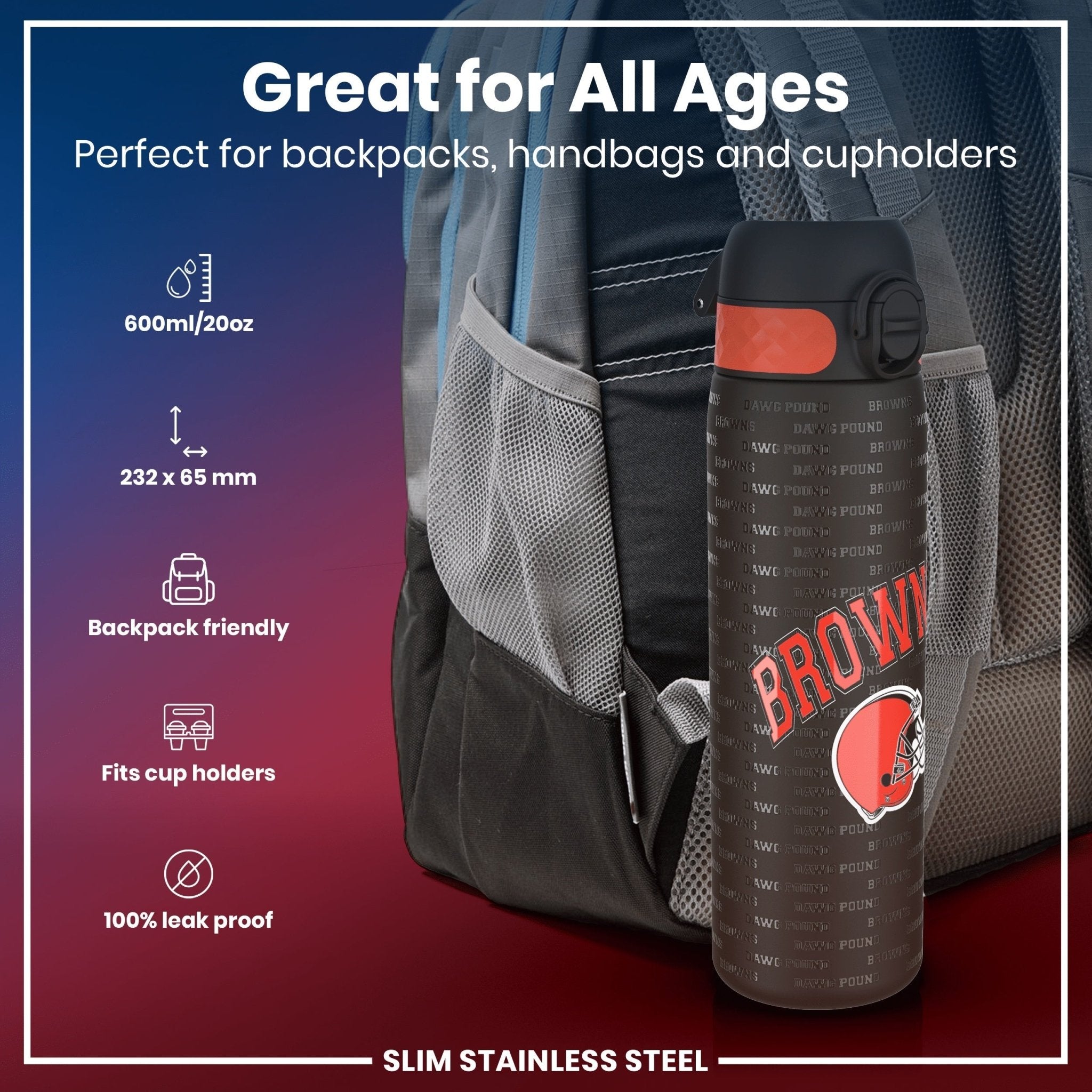 ION8 stainless steel NFL water bottle featuring Cleveland Browns team logo, leak-proof design, 600ml (20oz) capacity.
