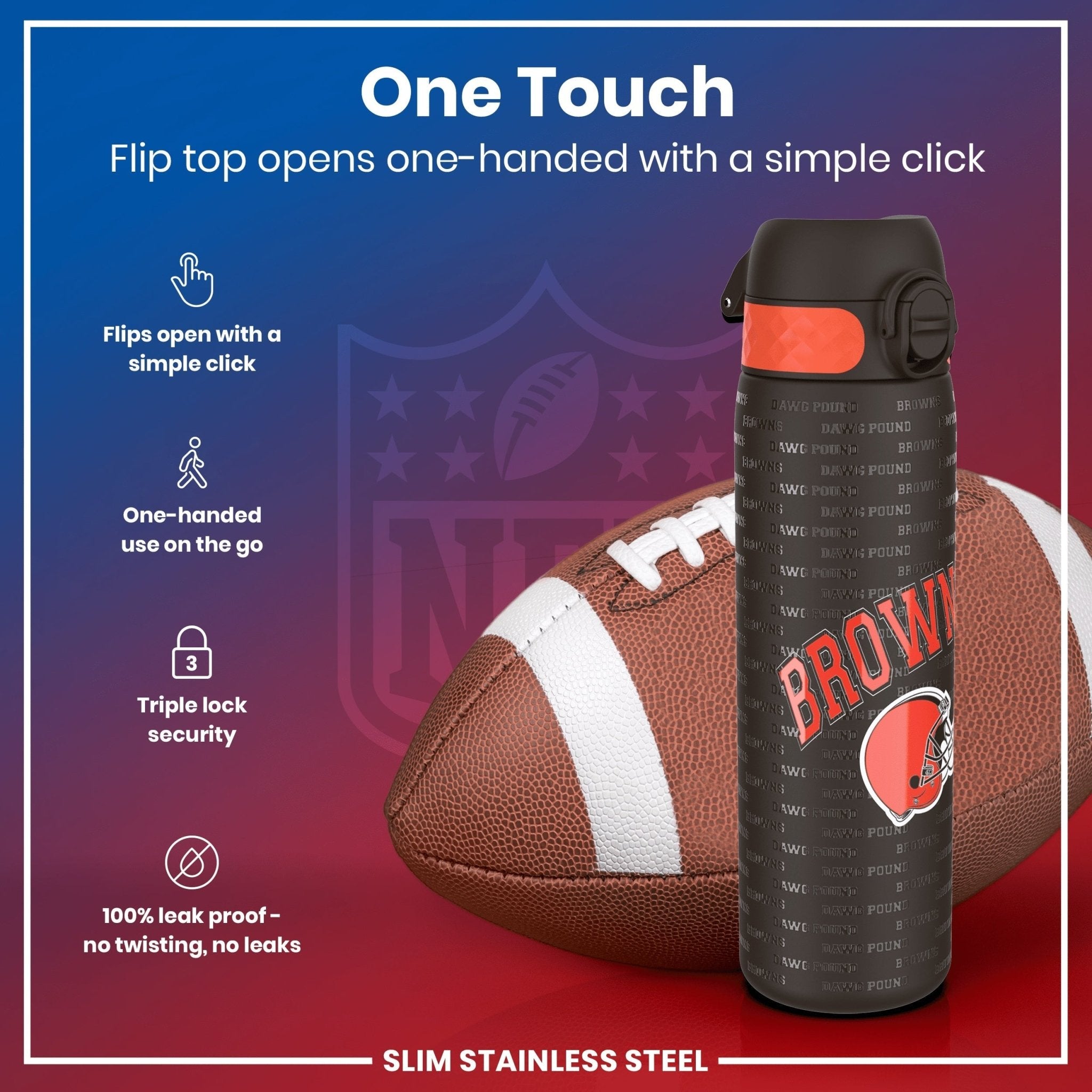 Ion8 stainless steel NFL water bottle featuring Cleveland Browns team logo, leak-proof design, 600ml capacity, 20oz.