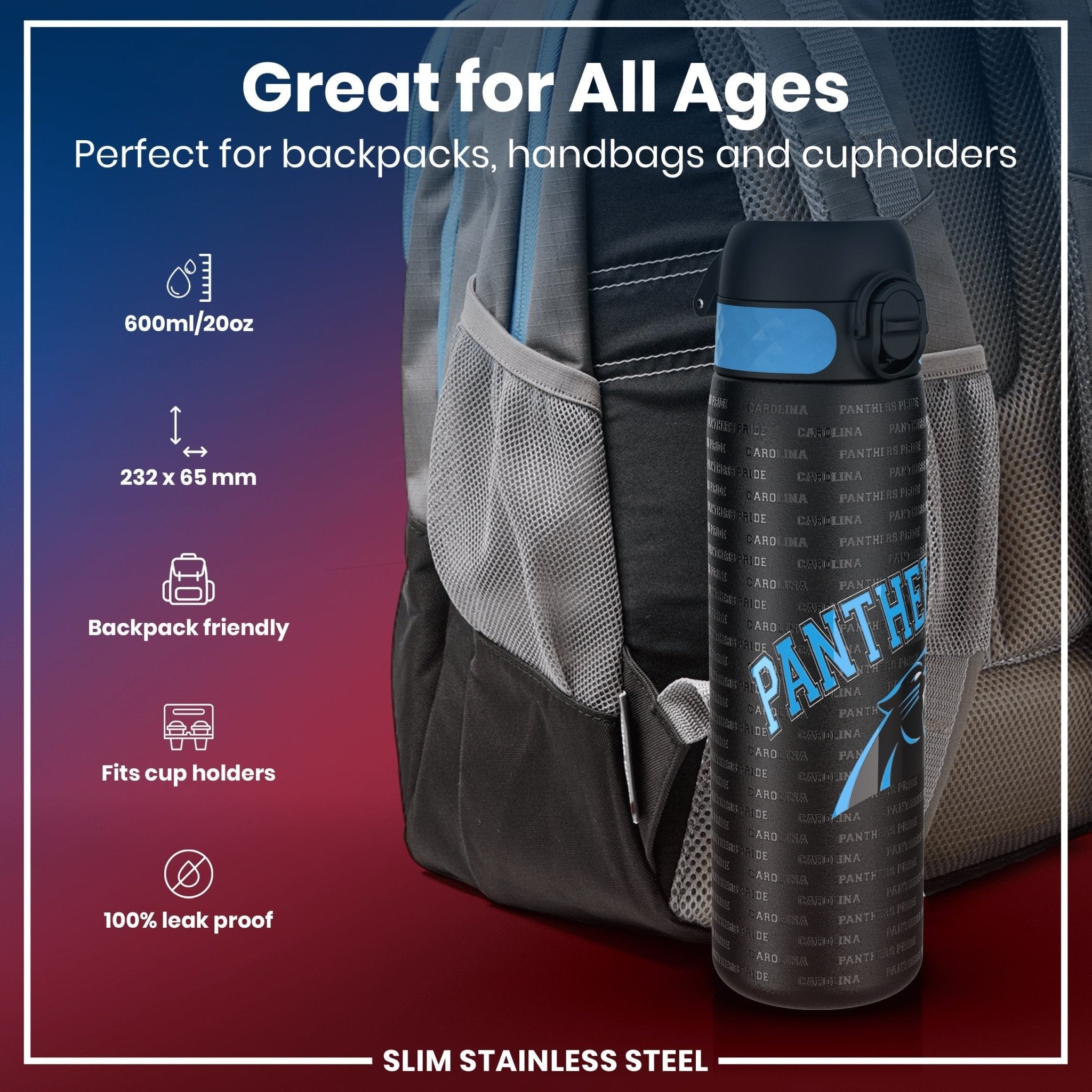 Ion8 stainless steel NFL water bottle featuring Carolina Panthers logo, leak-proof design, 600ml capacity, durable sports bottle