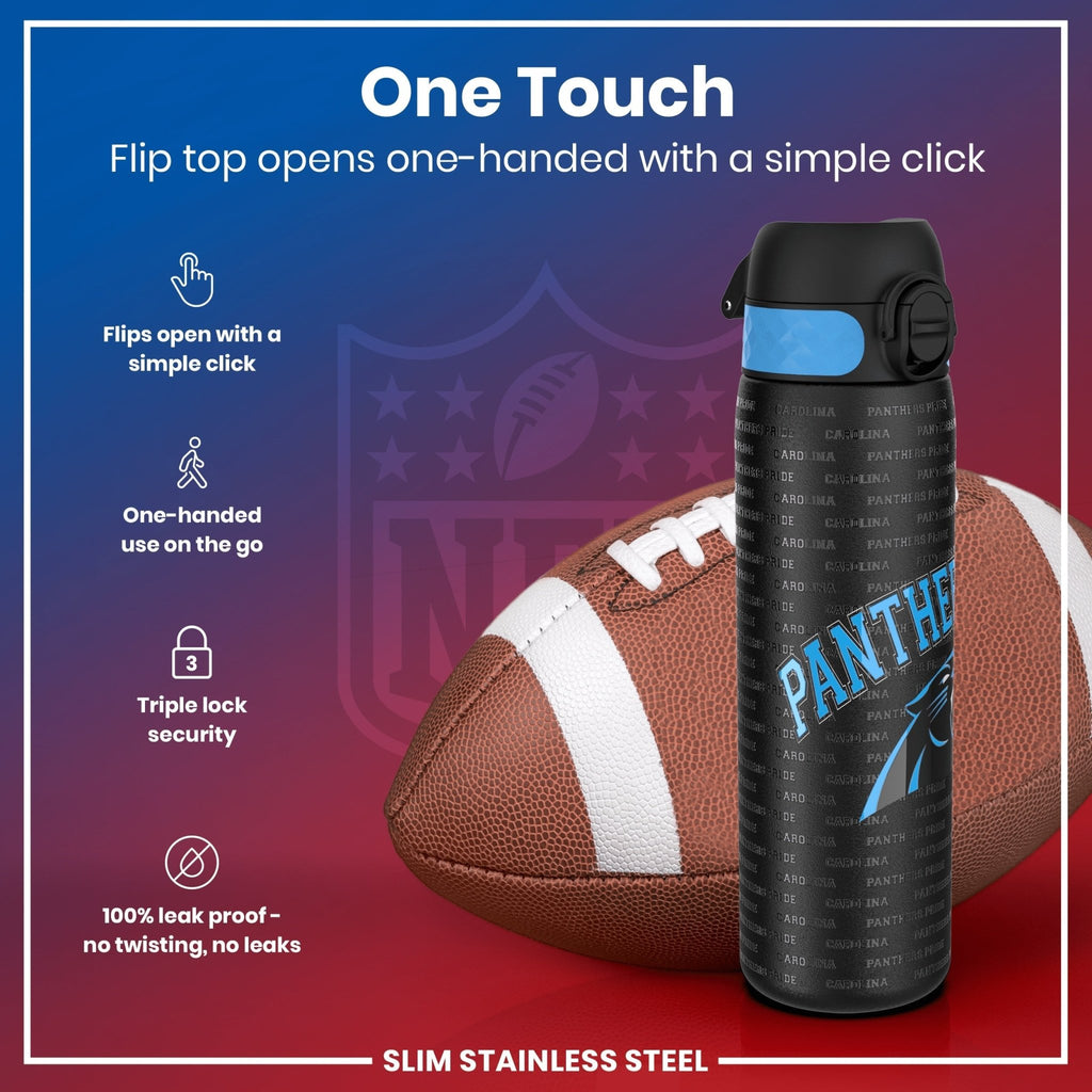 Ion8 stainless steel NFL water bottle featuring Carolina Panthers logo, leak-proof design, 600ml capacity, 20oz sports water bottle