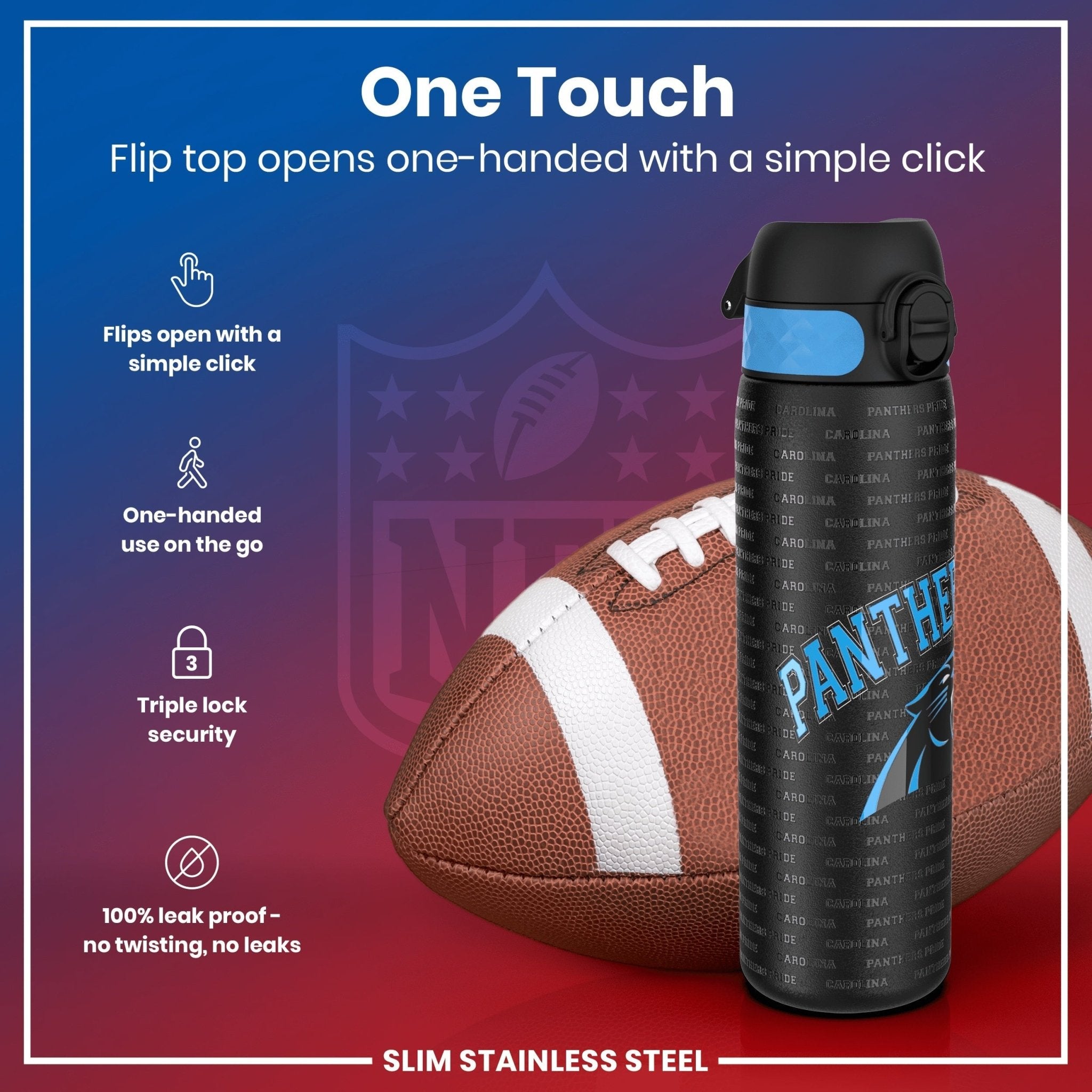 Ion8 stainless steel NFL water bottle featuring Carolina Panthers logo, leak-proof design, 600ml capacity, 20oz sports water bottle