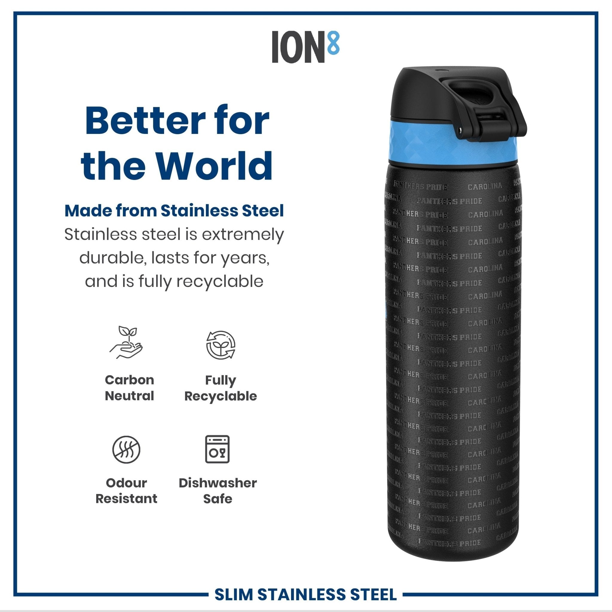 ION8 stainless steel NFL water bottle featuring Carolina Panthers logo, leak-proof design, 600ml (20oz) capacity.