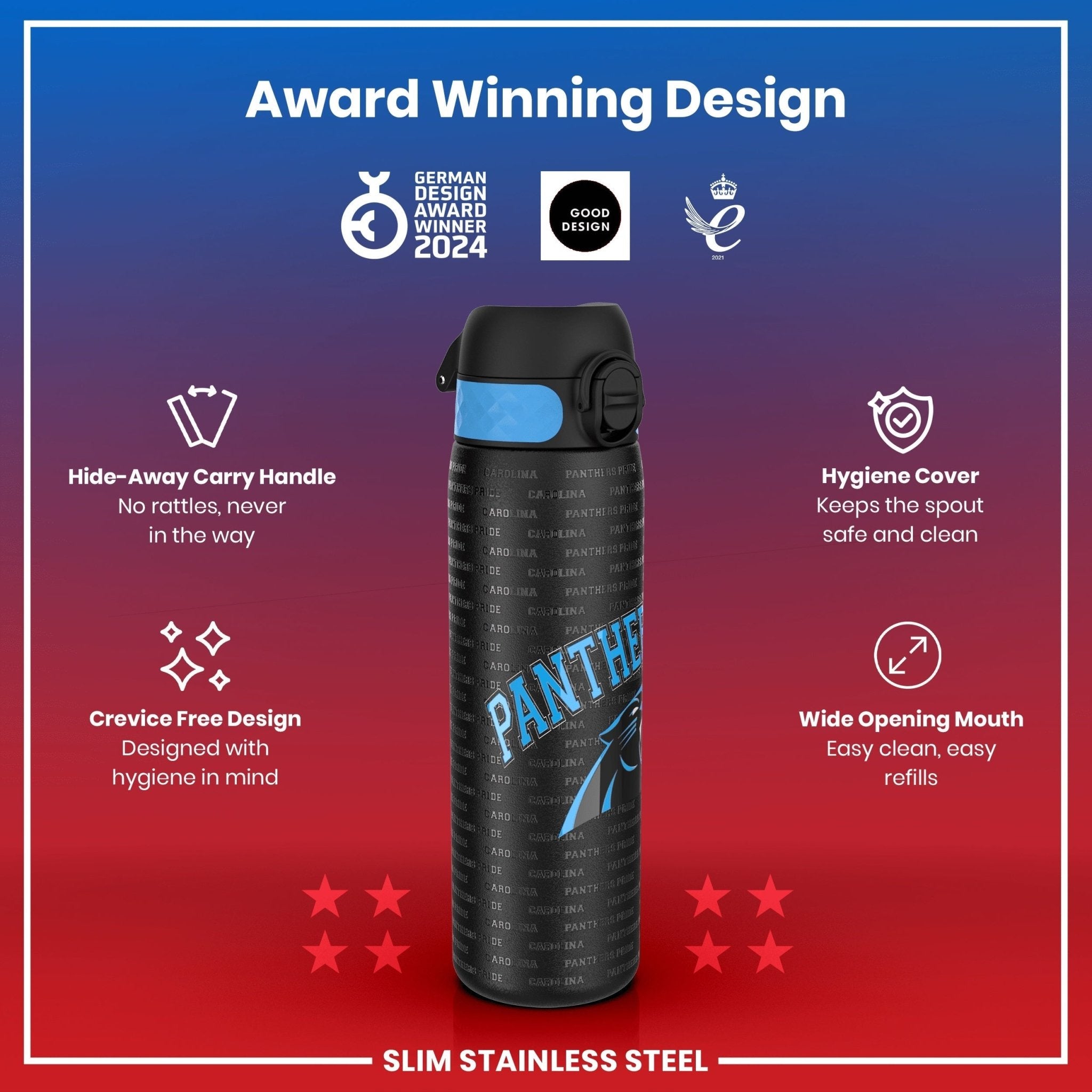 ION8 stainless steel NFL water bottle featuring Carolina Panthers logo, leak-proof design, 600ml (20oz) capacity.