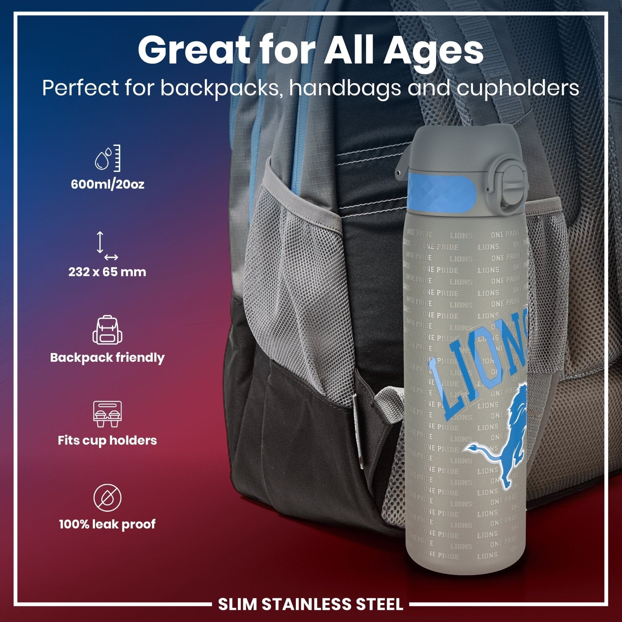 Ion8 leak-proof stainless steel NFL water bottle featuring Detroit Lions logo, 600ml (20oz) capacity, durable sports bottle.