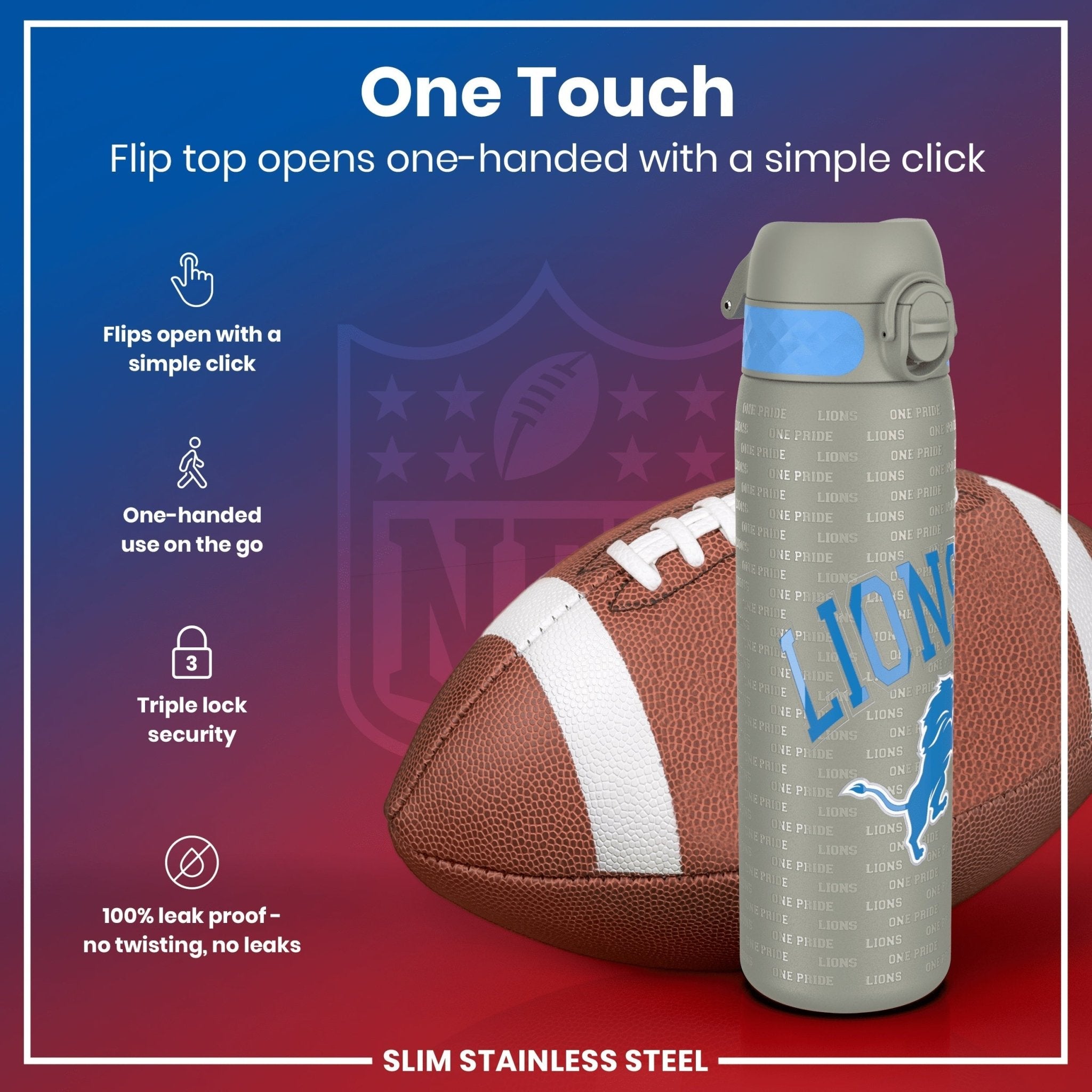 ION8 stainless steel NFL water bottle featuring Detroit Lions logo, leak-proof design, 600ml (20oz) capacity.