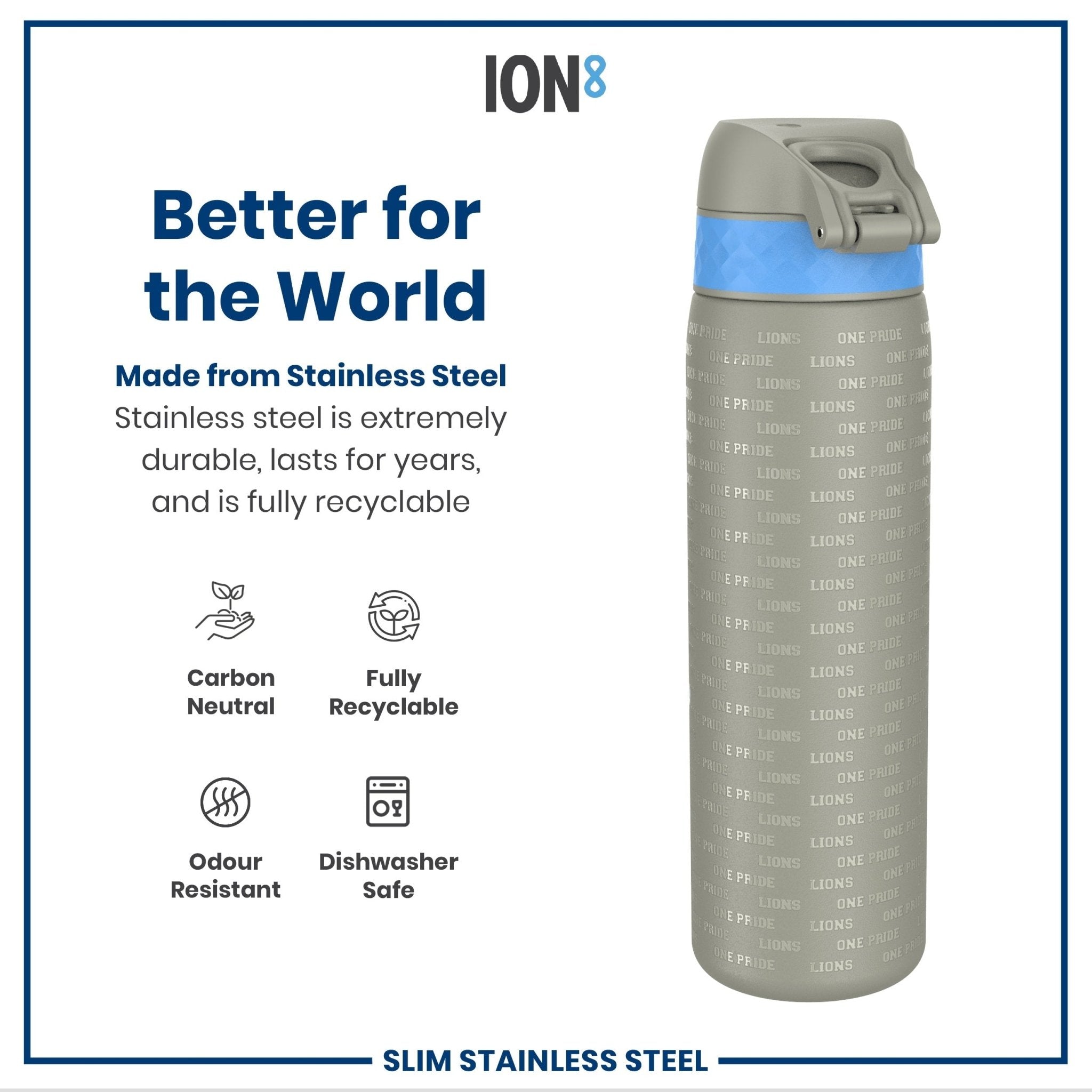 Leak proof NFL stainless steel water bottle featuring Detroit Lions branding, 600ml capacity, by ION8.