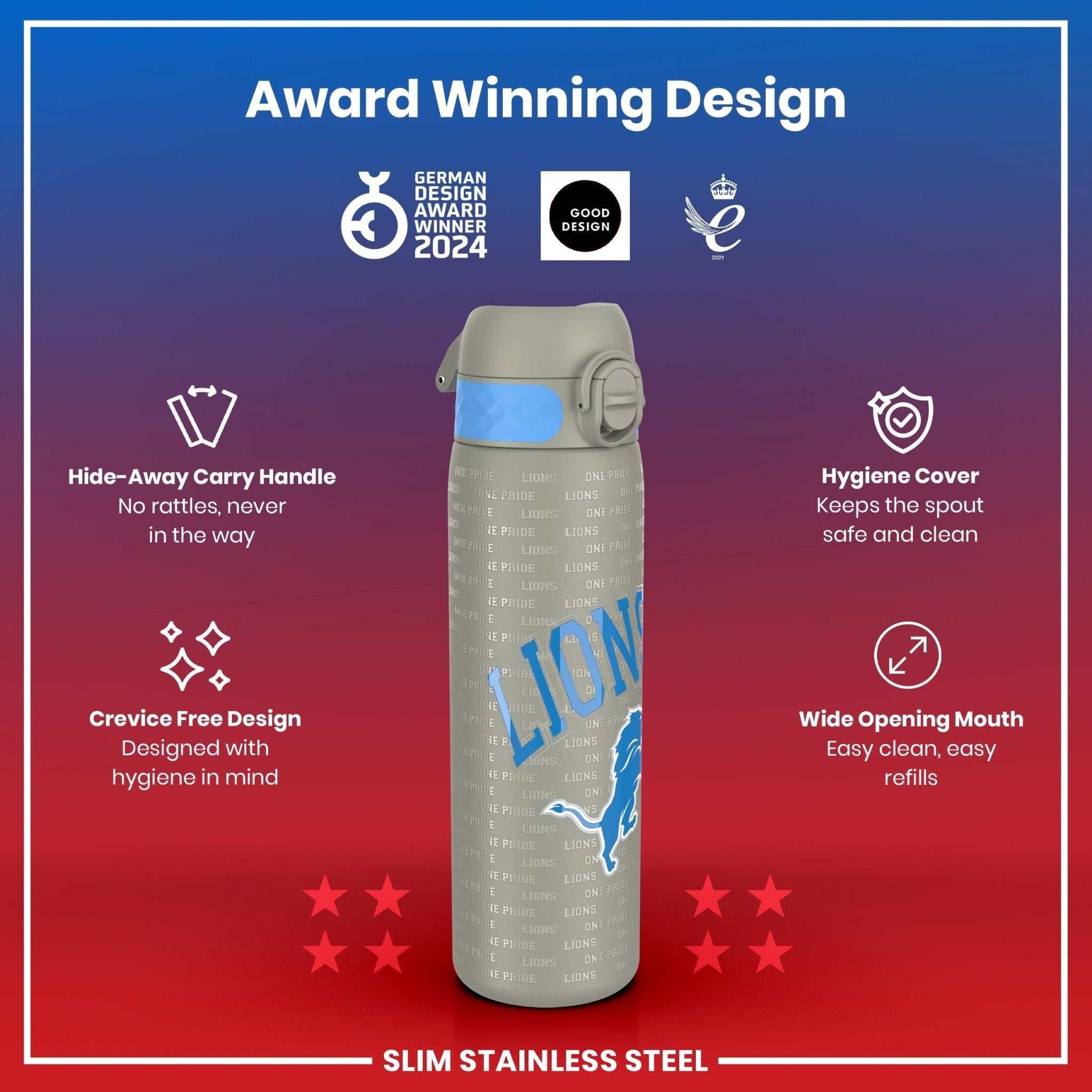 ION8 stainless steel NFL water bottle featuring Detroit Lions logo, leak-proof design, 600ml capacity, and durable construction