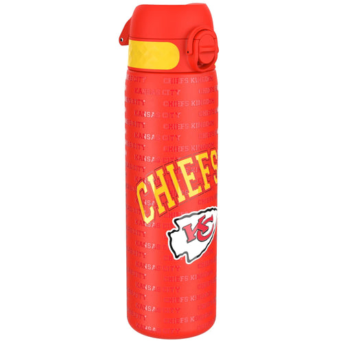 ION8 stainless steel NFL water bottle featuring Kansas City Chiefs logo, 600ml capacity, leak-proof design, and durable construction.