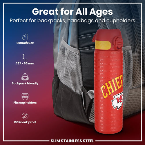 Ion8 stainless steel NFL water bottle featuring Kansas City Chiefs logo, leak-proof design, 600ml (20oz) capacity.