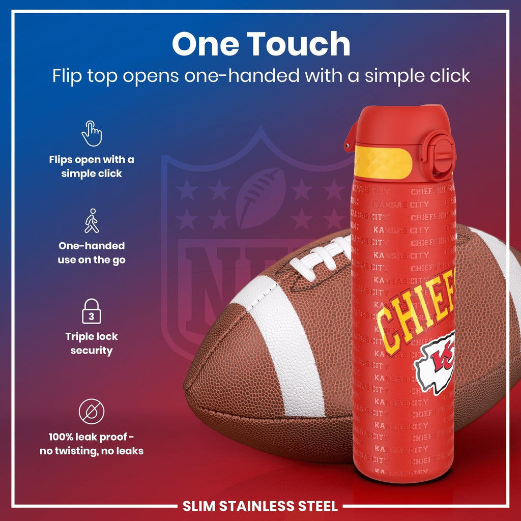 Ion8 stainless steel NFL water bottle featuring Kansas City Chiefs logo, 600ml leak-proof design, durable and easy to carry.