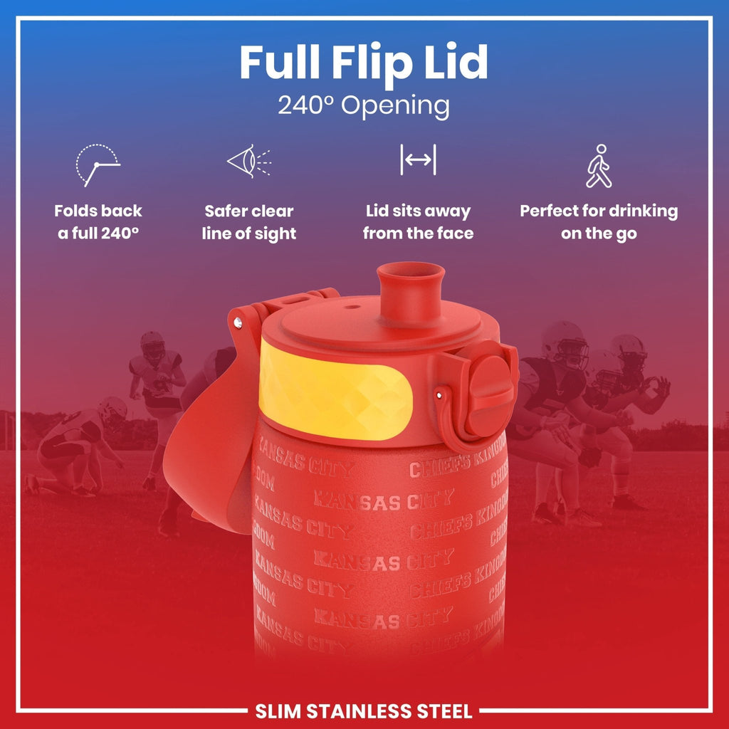 Ion8 leak-proof stainless steel NFL water bottle featuring Kansas City Chiefs logo, 600ml (20oz) capacity, durable design.