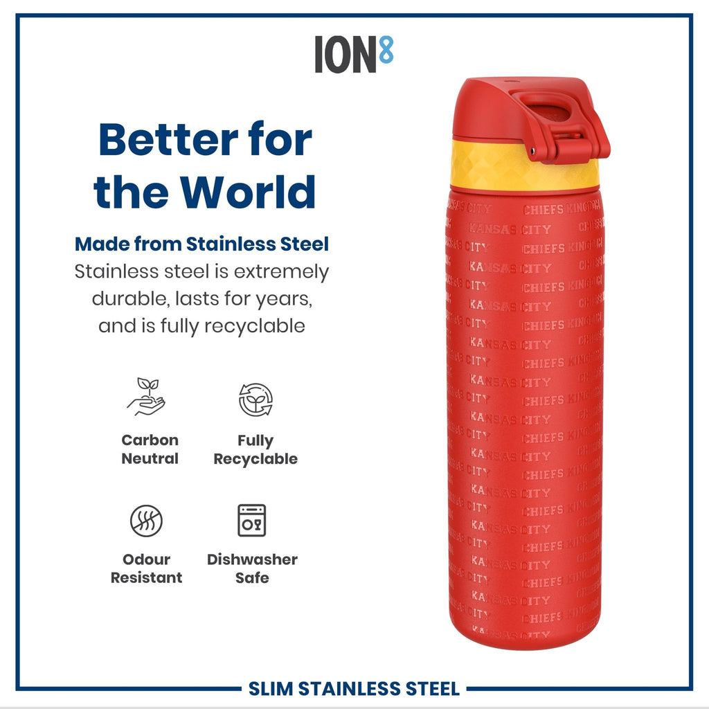 Ion8 stainless steel NFL water bottle featuring Kansas City Chiefs logo, leak-proof design, 600ml capacity, durable sports bottle