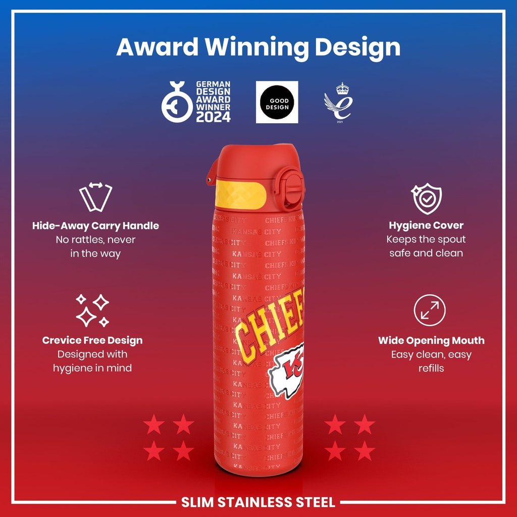 ION8 stainless steel NFL water bottle featuring Kansas City Chiefs logo, leak-proof design, 600ml capacity, 20oz.