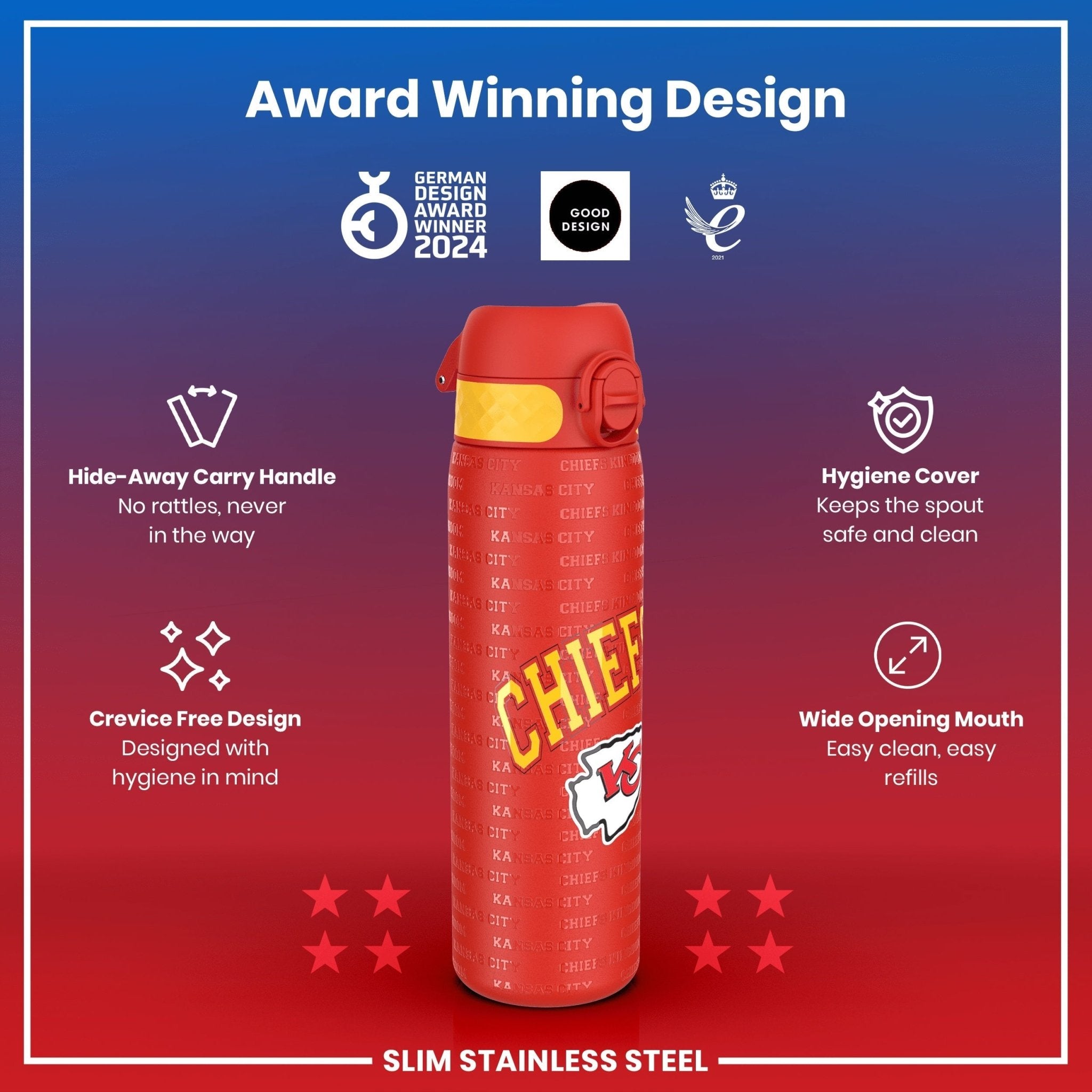 ION8 stainless steel NFL water bottle featuring Kansas City Chiefs logo, leak-proof design, 600ml capacity, 20oz.