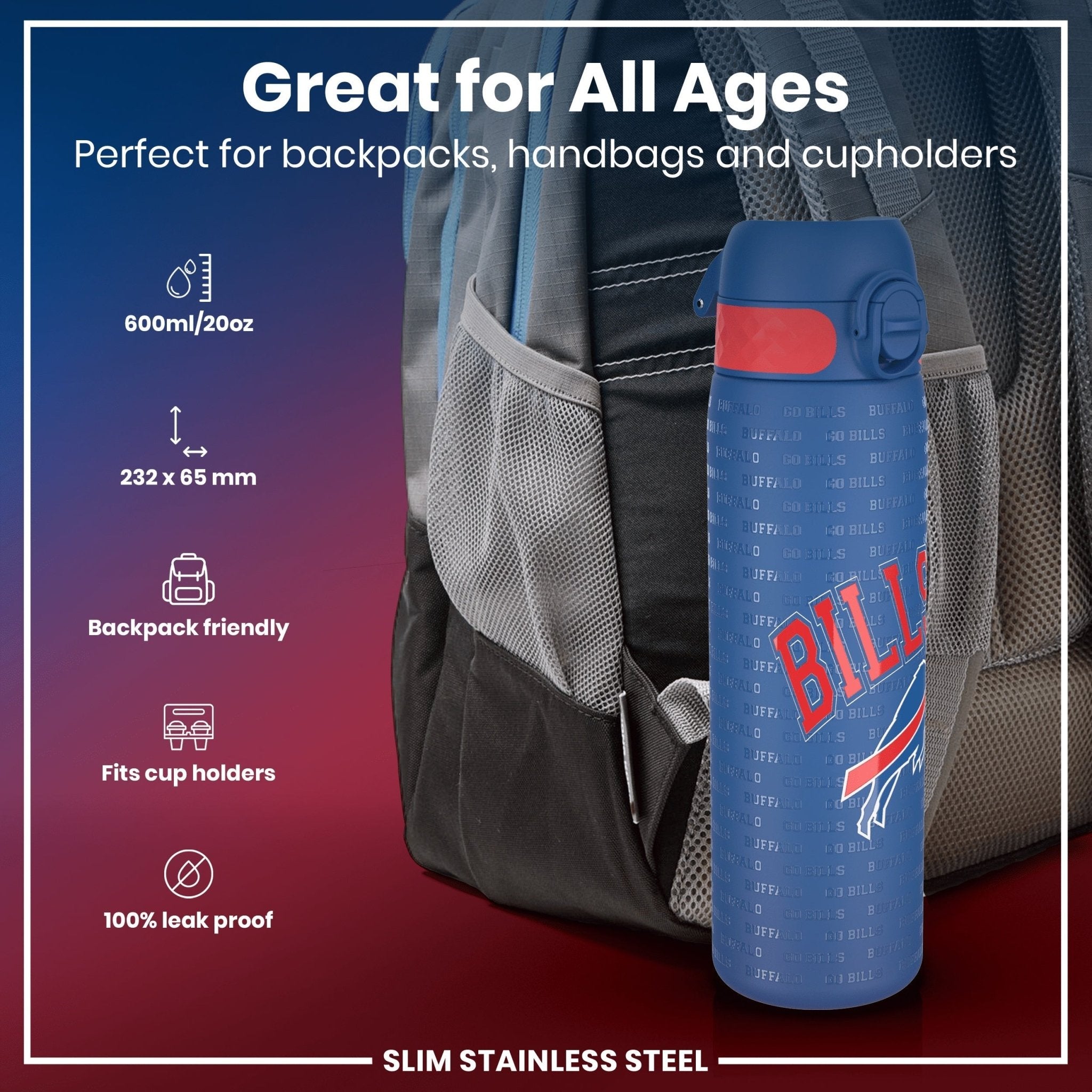 Ion8 stainless steel NFL water bottle featuring Buffalo Bills logo, leak-proof design, 600ml capacity, durable and portable.