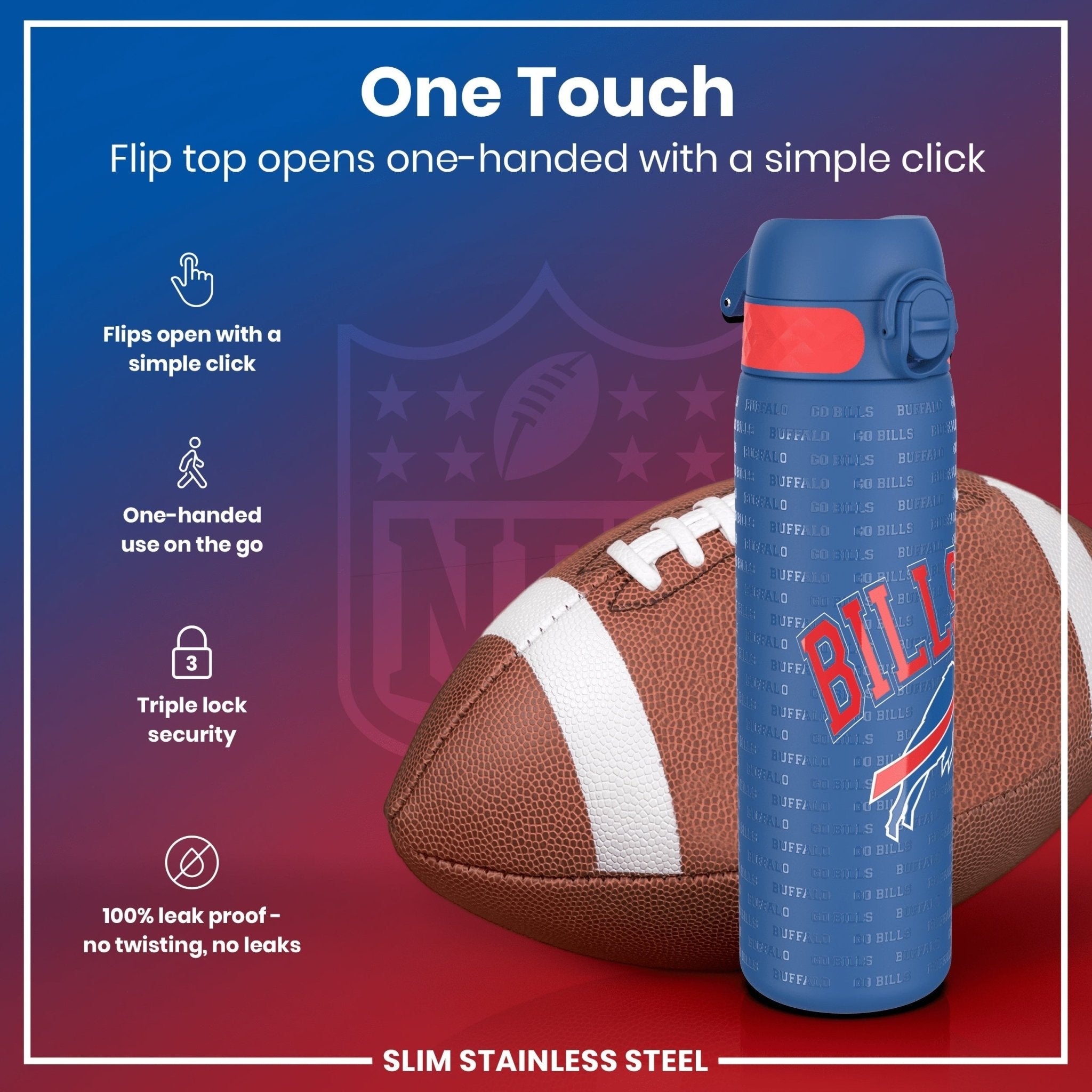 Ion8 stainless steel NFL water bottle featuring Buffalo Bills logo, leak-proof design, 600ml capacity for sports and hydration.
